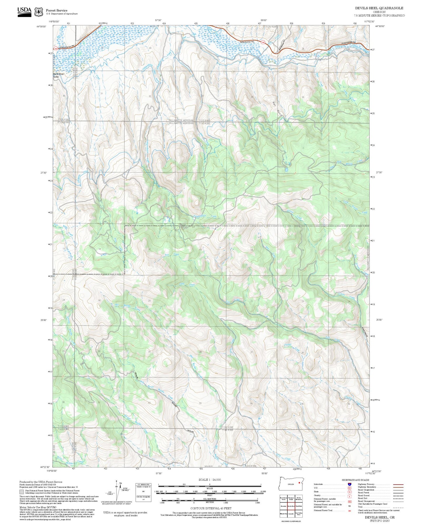 2025 Forest Service Topo Map of Devils Heel Oregon