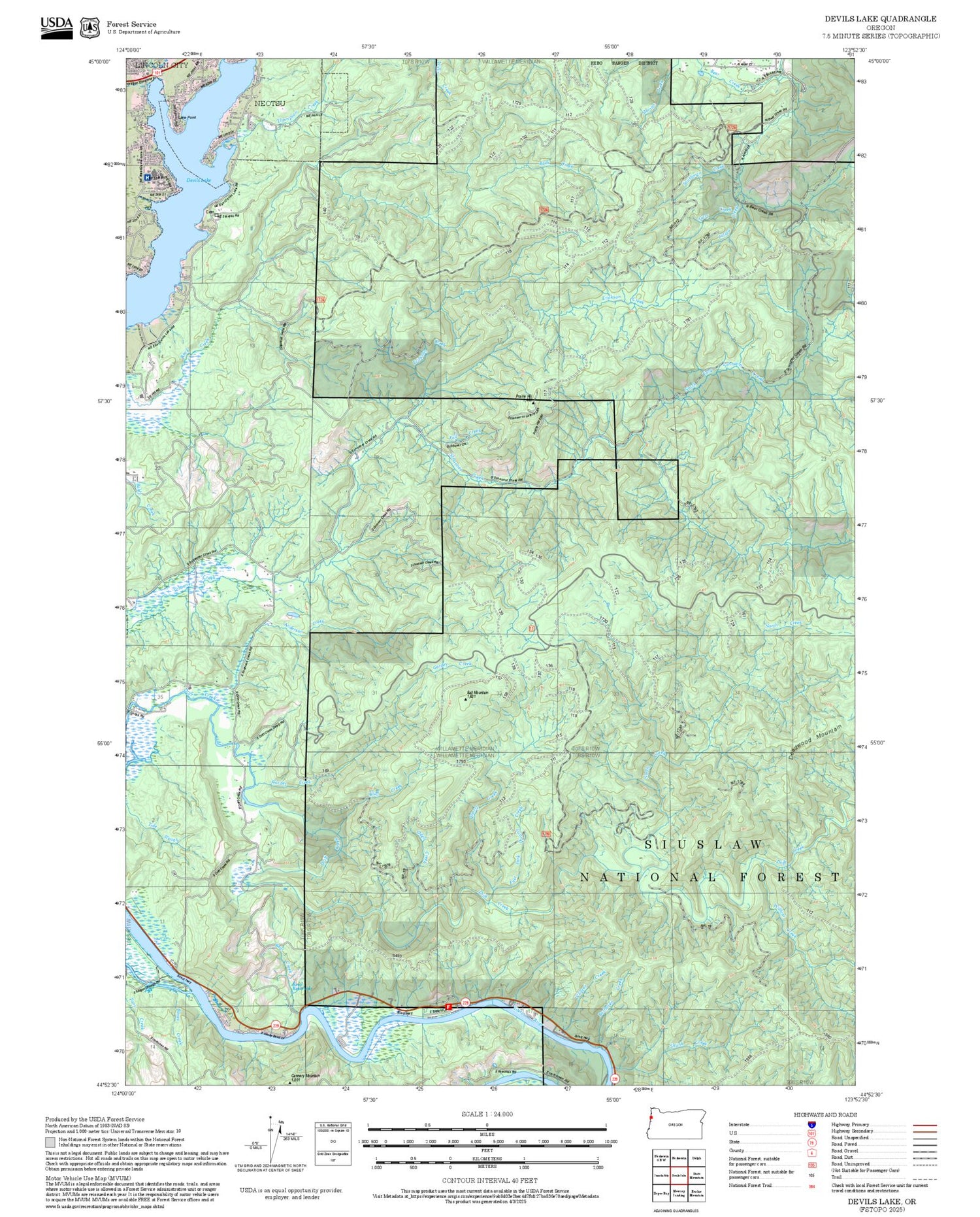 2025 Forest Service Topo Map of Devils Lake Oregon