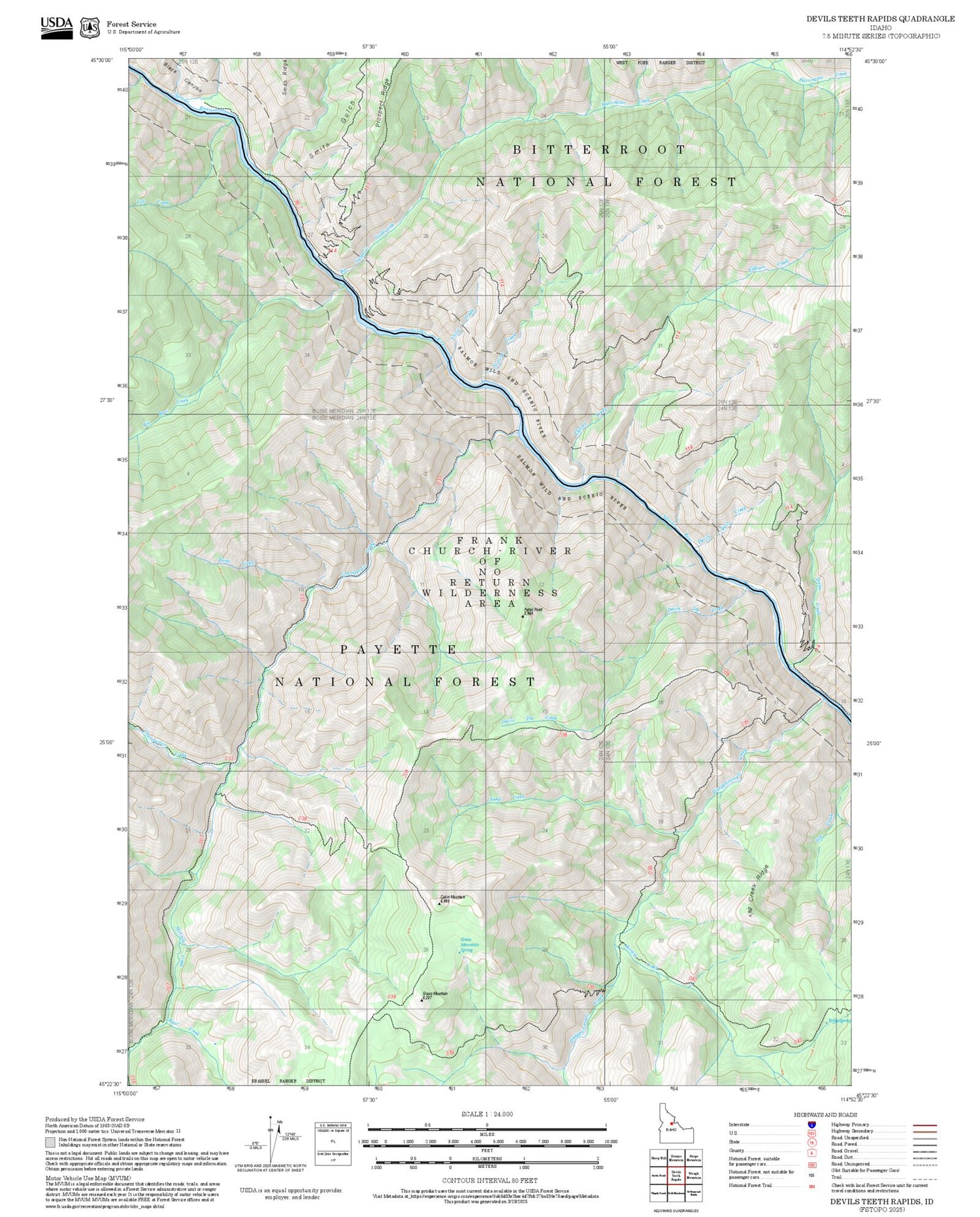 2025 Forest Service Topo Map of Devils Teeth Rapids Idaho