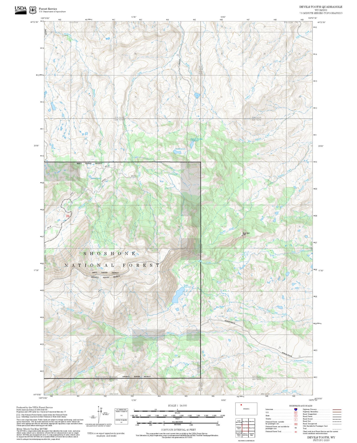 2025 Forest Service Topo Map of Devils Tooth Wyoming