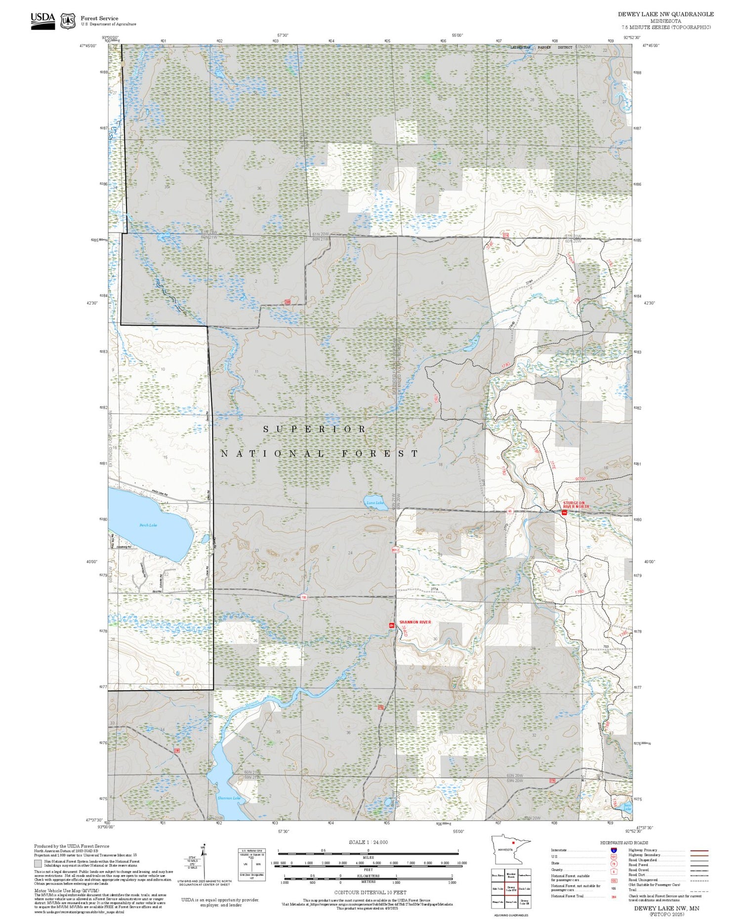 2025 Forest Service Topo Map of Dewey Lake NW Minnesota