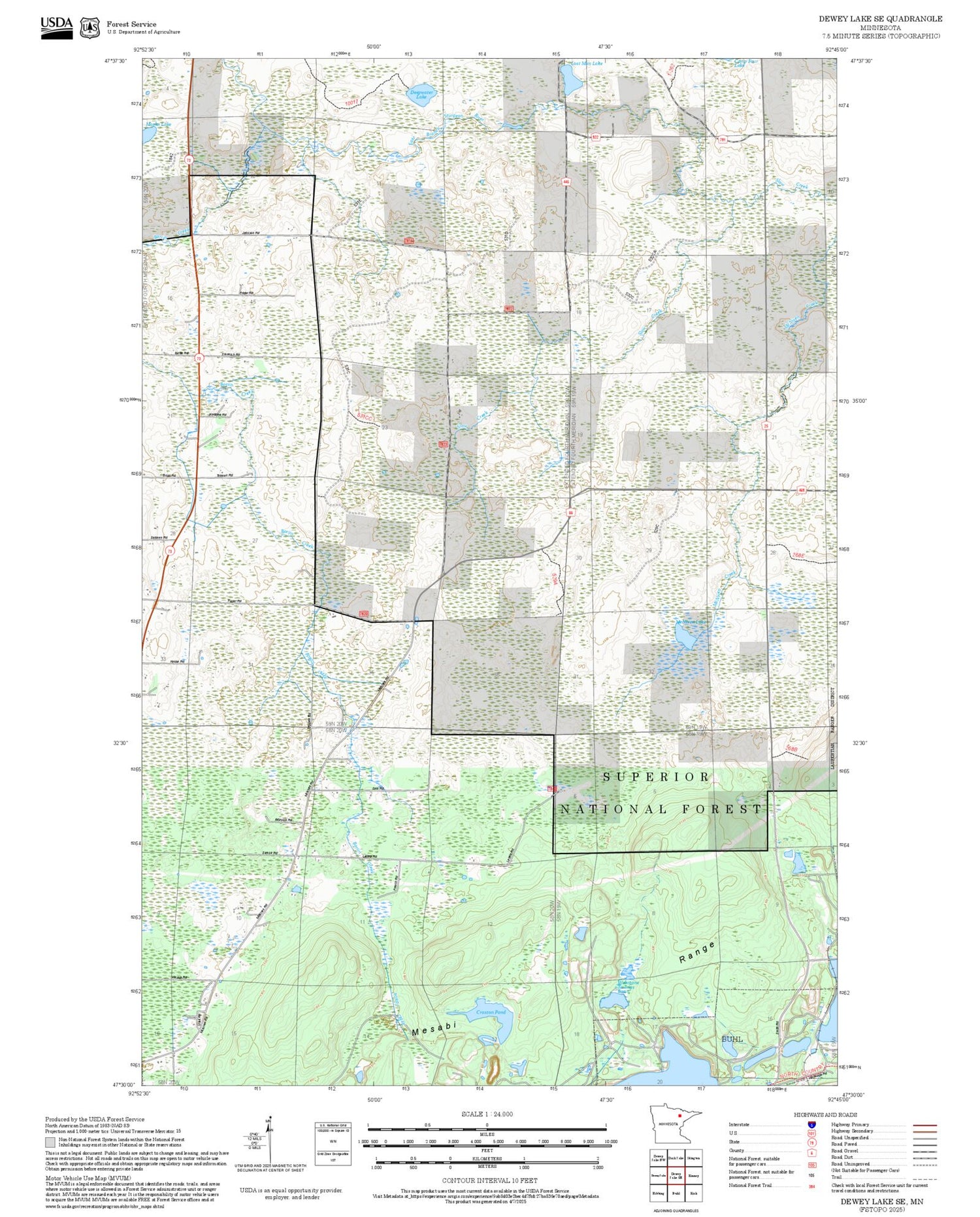 2025 Forest Service Topo Map of Dewey Lake SE Minnesota