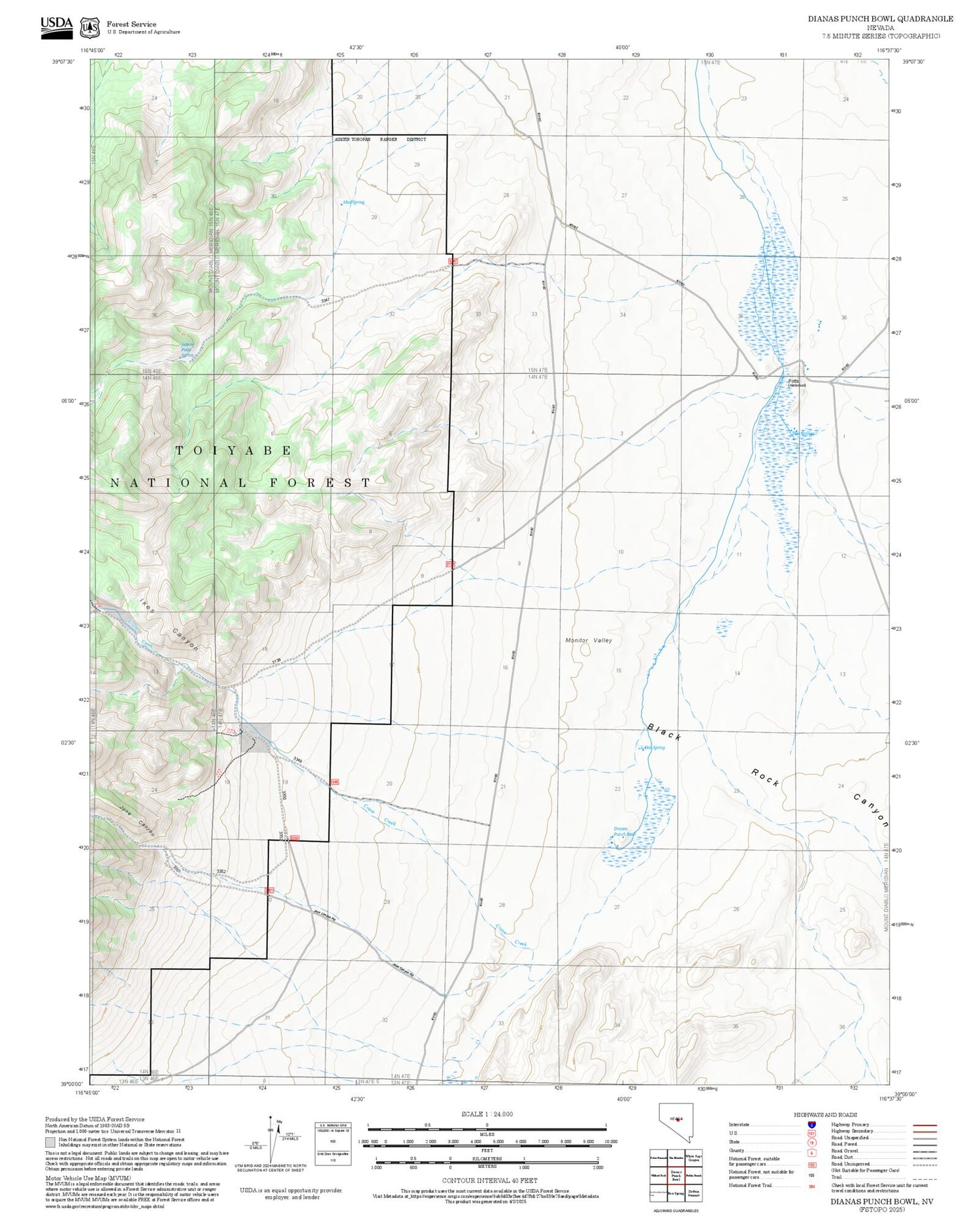 2025 Forest Service Topo Map of Dianas Punch Bowl Nevada