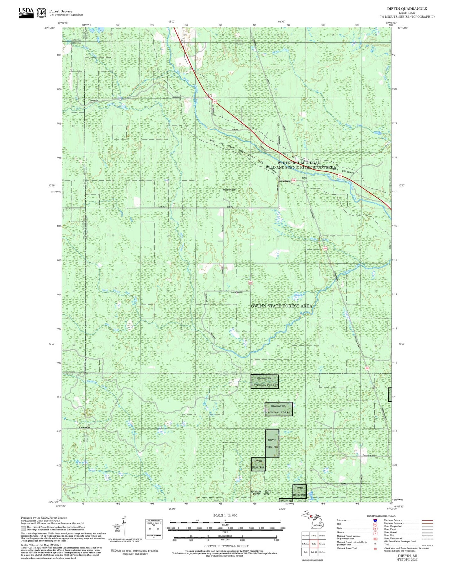 2025 Forest Service Topo Map of Diffin Michigan