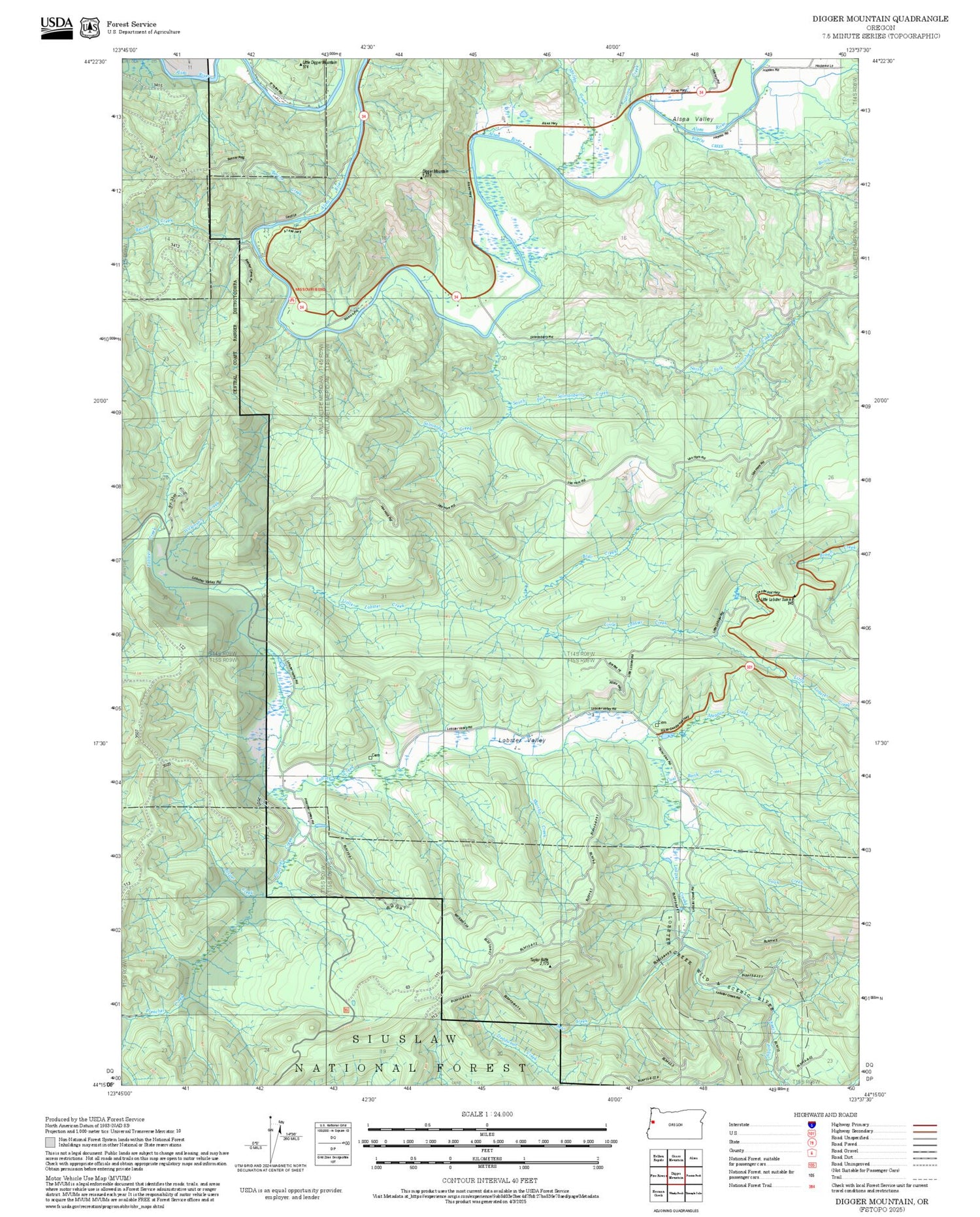 2025 Forest Service Topo Map of Digger Mountain Oregon