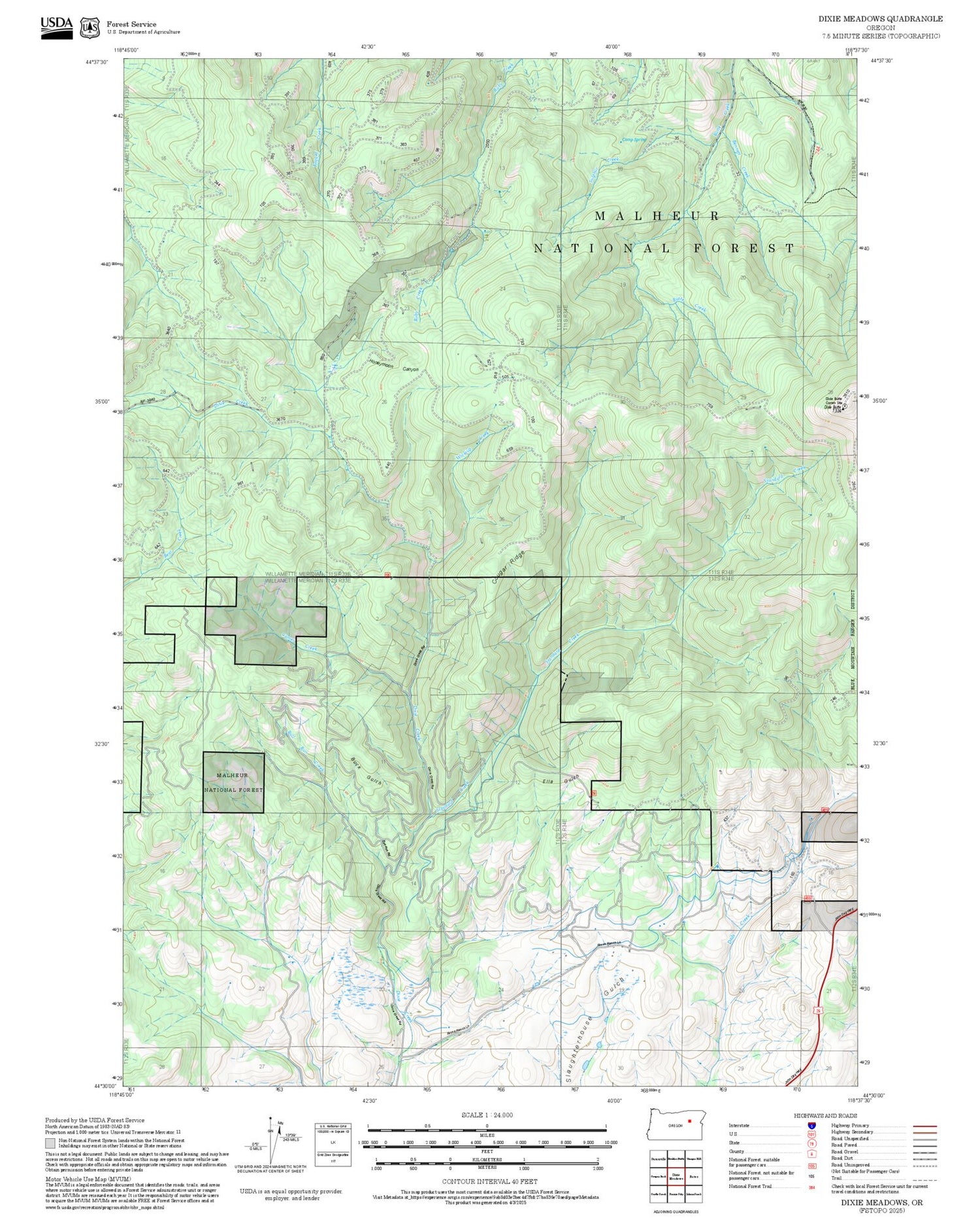 2025 Forest Service Topo Map of Dixie Meadows Oregon