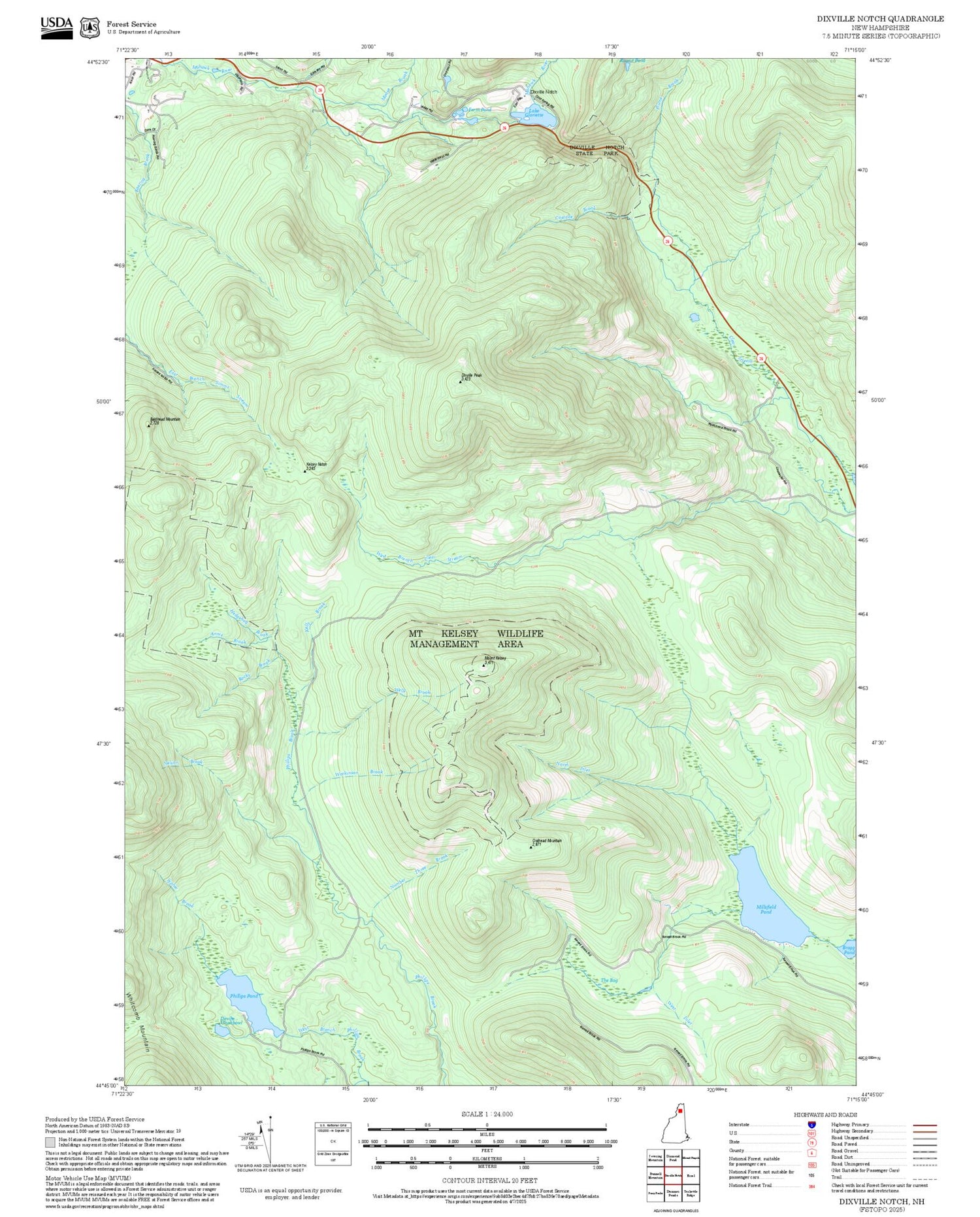 2025 Forest Service Topo Map of Dixville Notch New Hampshire