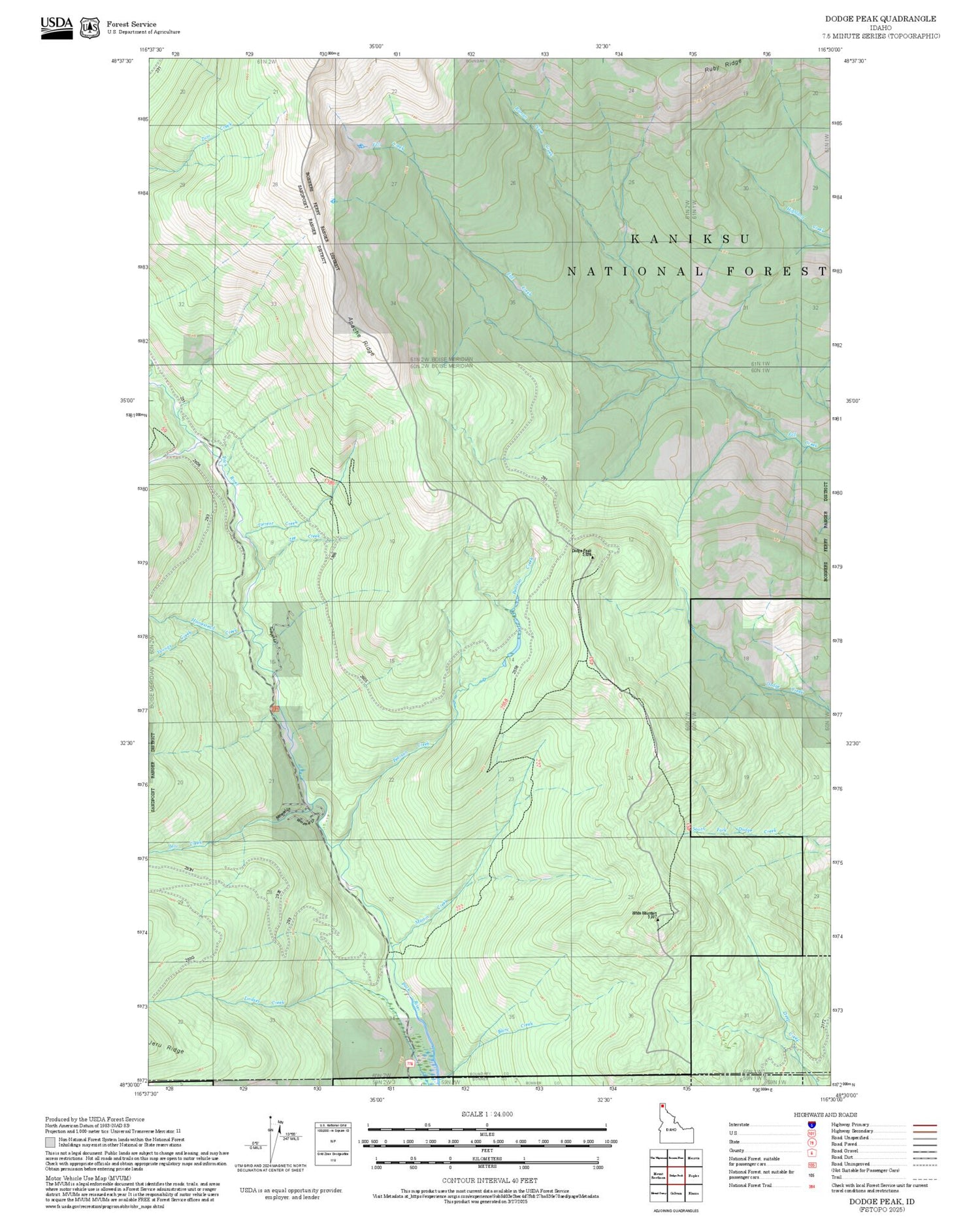 2025 Forest Service Topo Map of Dodge Peak Idaho
