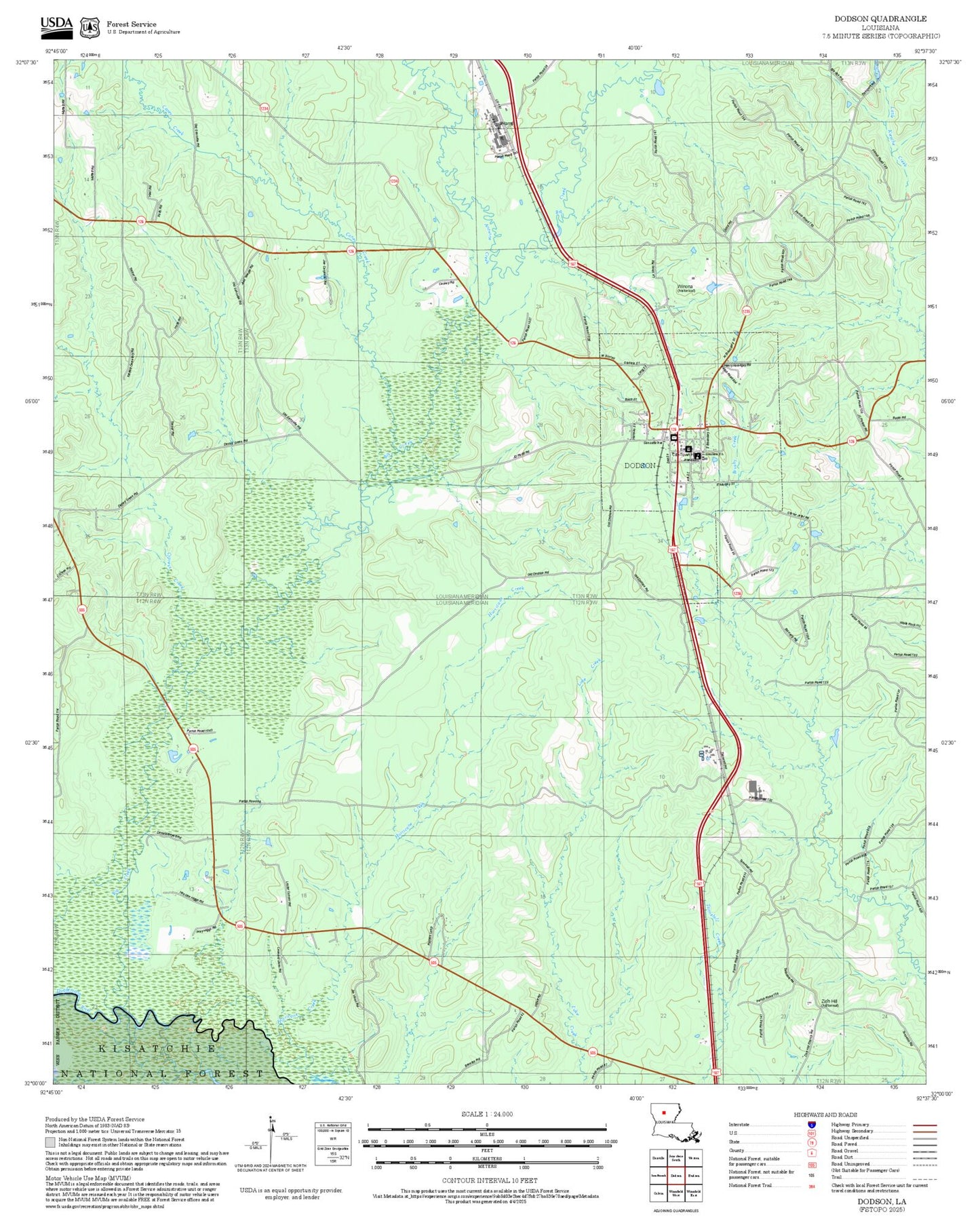 2025 Forest Service Topo Map of Dodson Louisiana