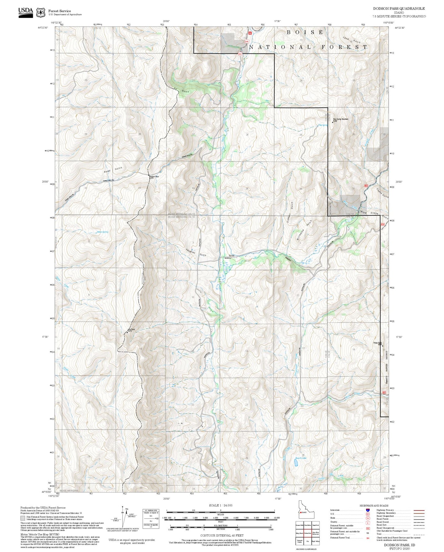 2025 Forest Service Topo Map of Dodson Pass Idaho