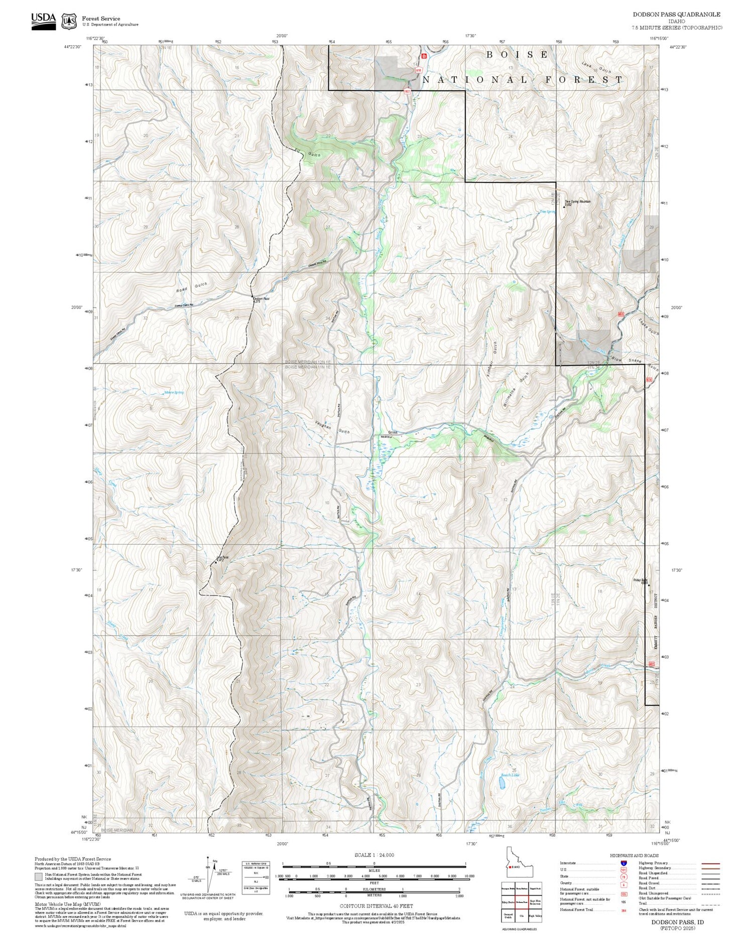 2025 Forest Service Topo Map of Dodson Pass Idaho