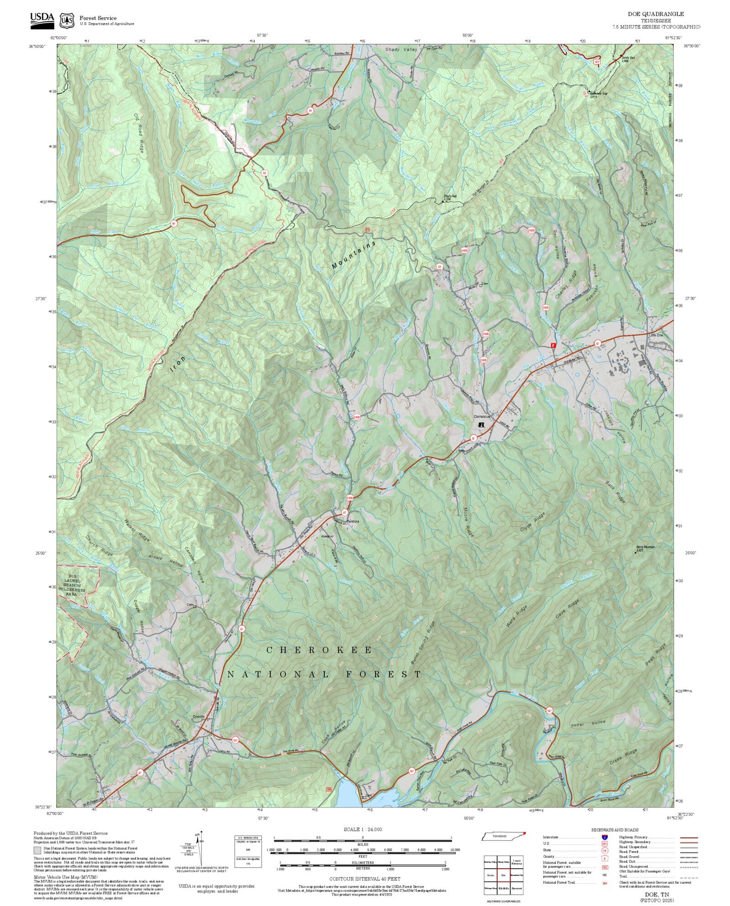 2025 Forest Service Topo Map of Doe Tennessee