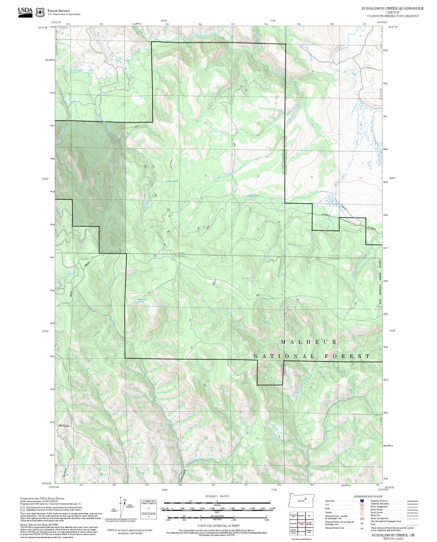 2025 Forest Service Topo Map of Donaldson Creek Oregon