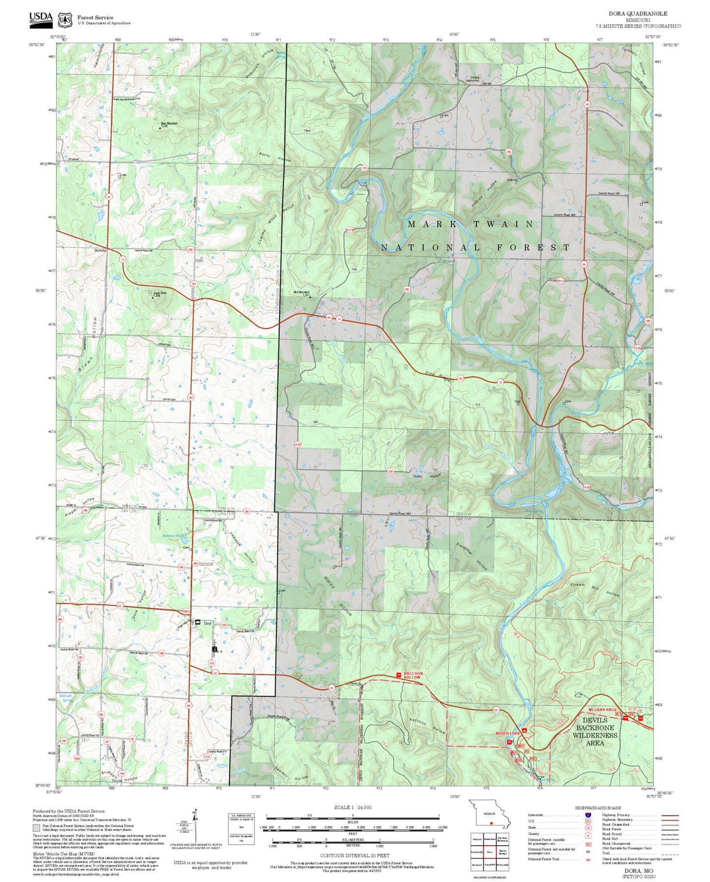 2025 Forest Service Topo Map of Dora Missouri
