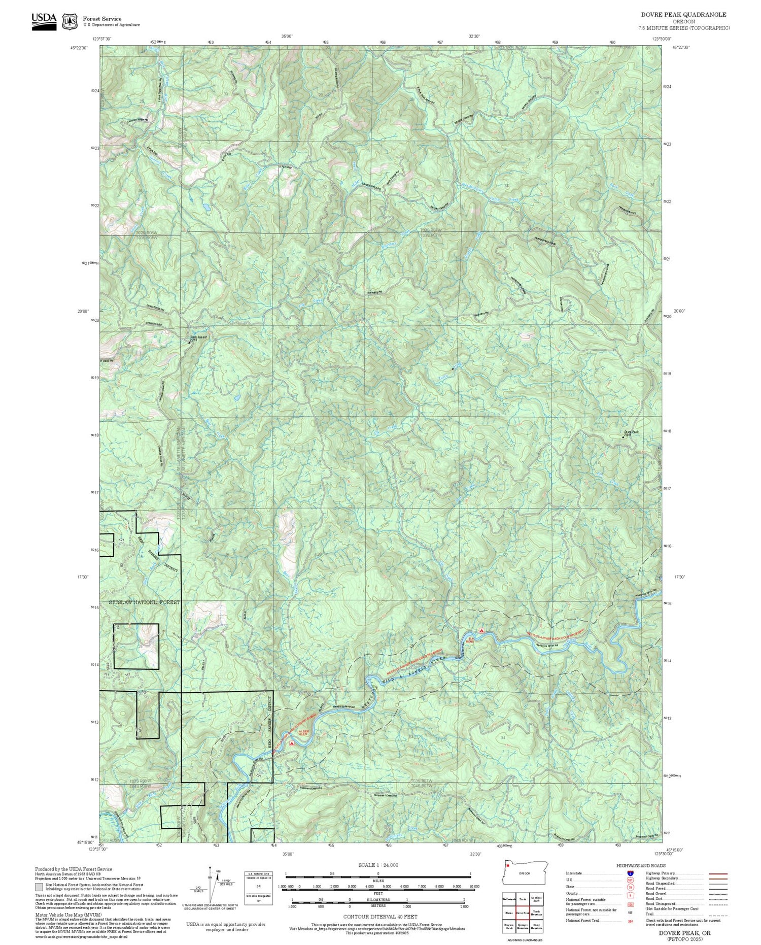 2025 Forest Service Topo Map of Dovre Peak Oregon