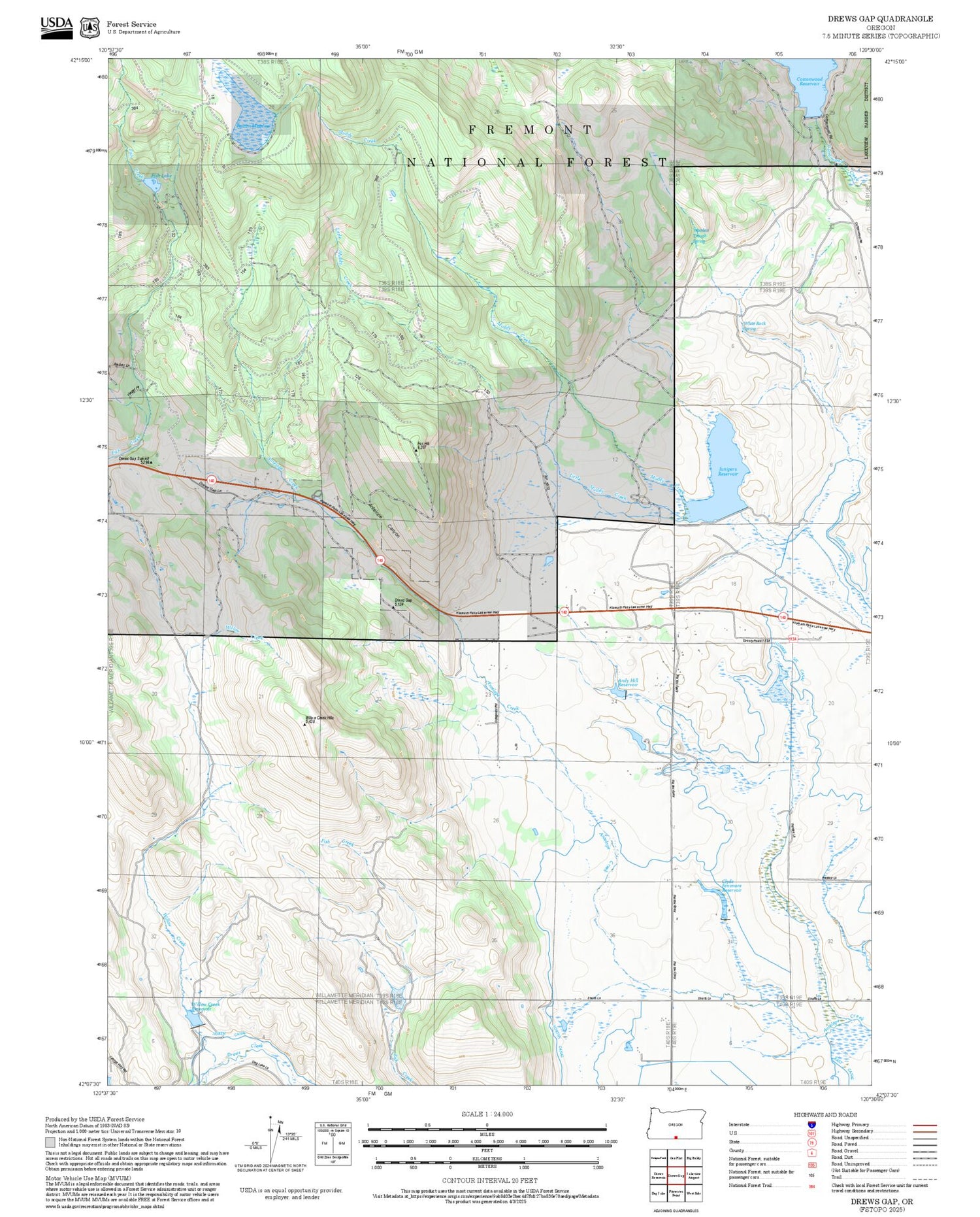 2025 Forest Service Topo Map of Drews Gap Oregon