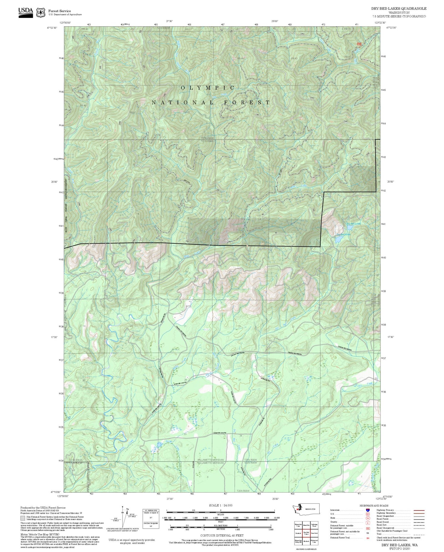 2025 Forest Service Topo Map of Dry Bed Lakes Washington