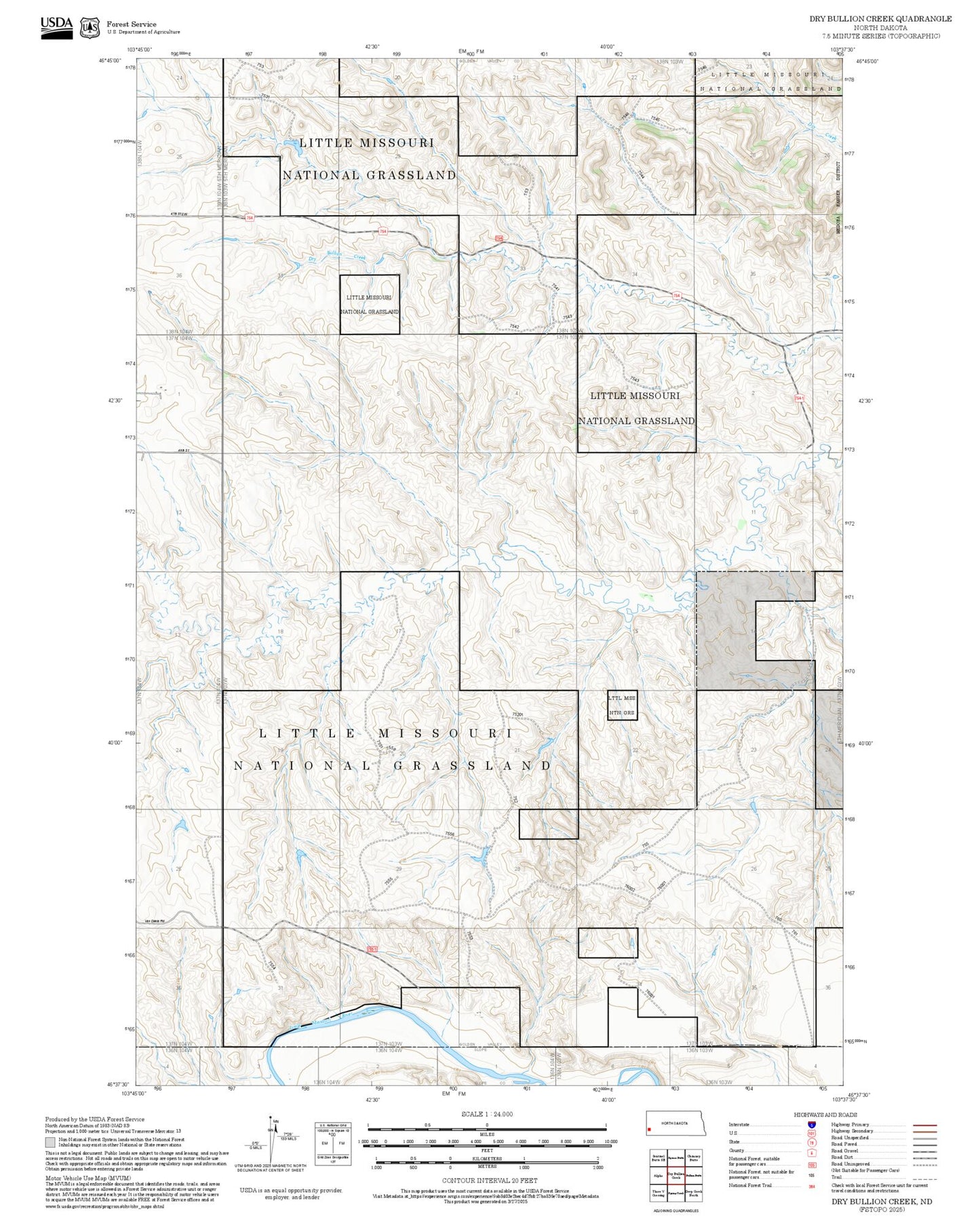 2025 Forest Service Topo Map of Dry Bullion Creek North Dakota