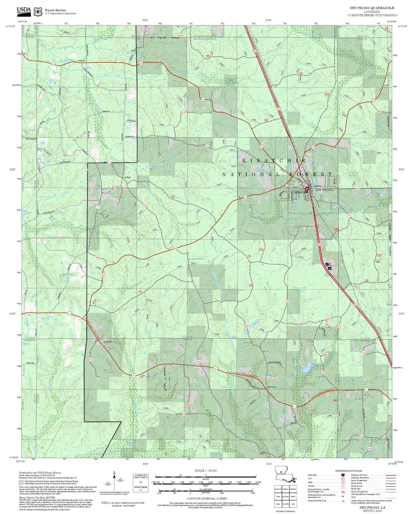 2025 Forest Service Topo Map of Dry Prong Louisiana