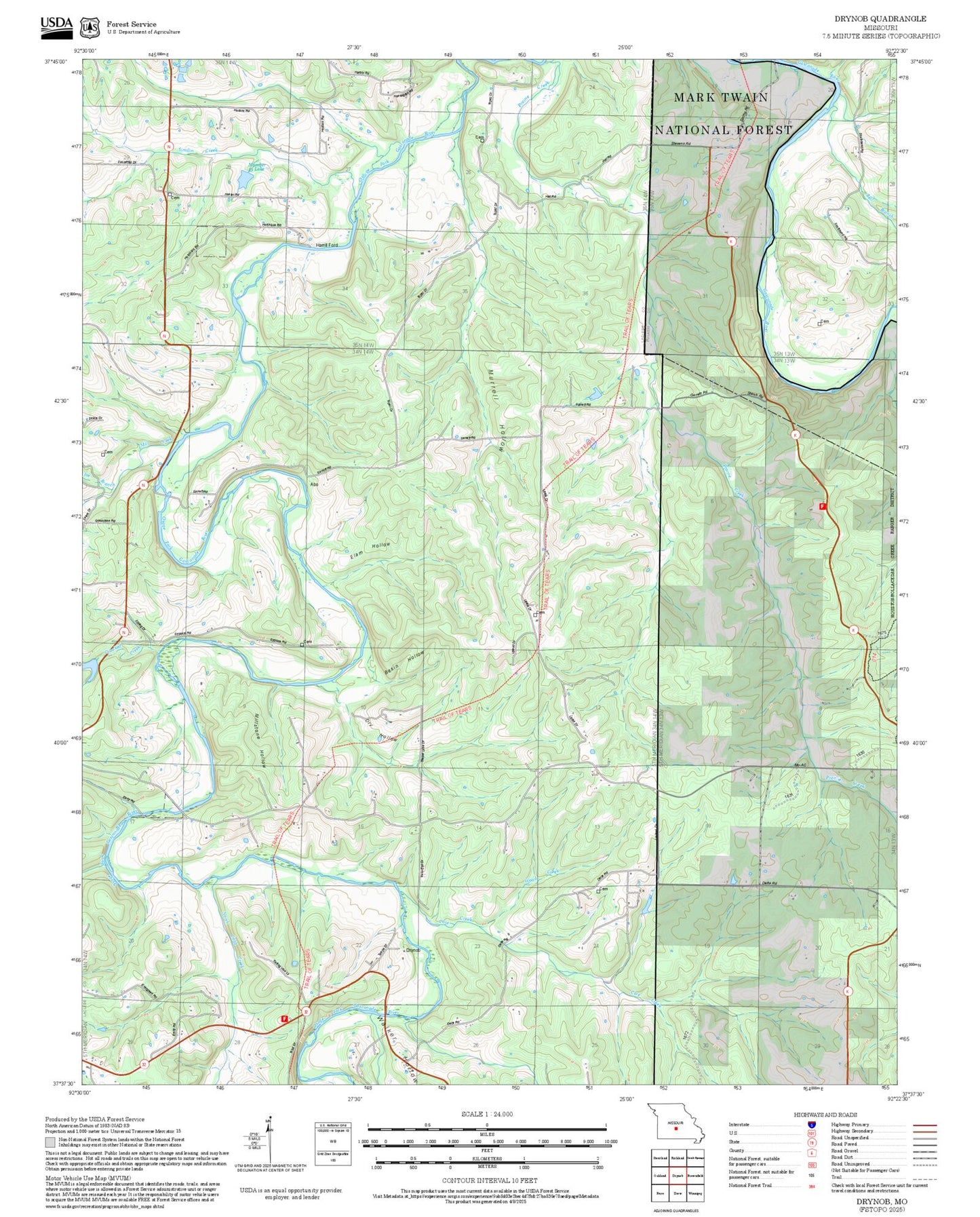 2025 Forest Service Topo Map of Drynob Missouri