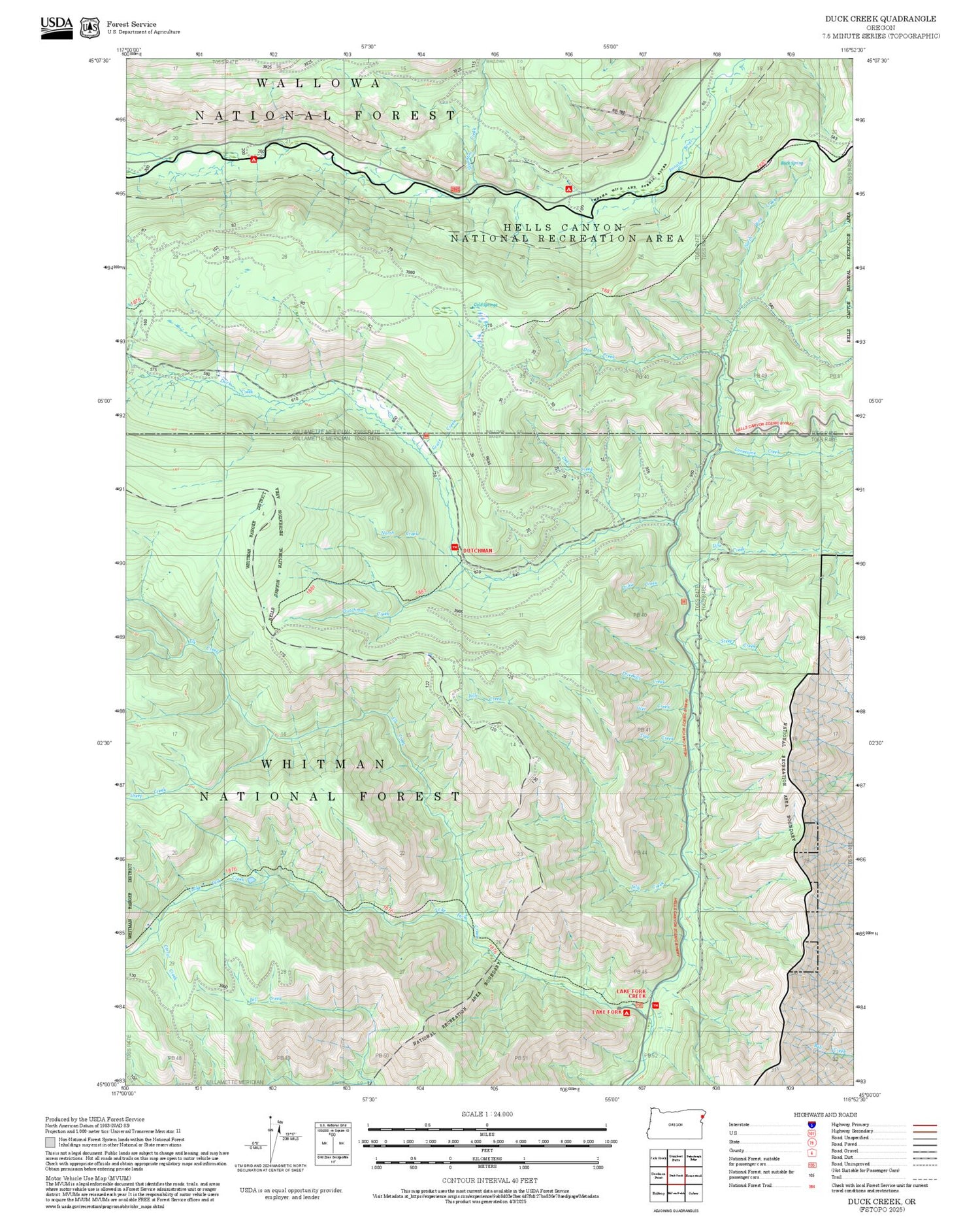 2025 Forest Service Topo Map of Duck Creek Oregon