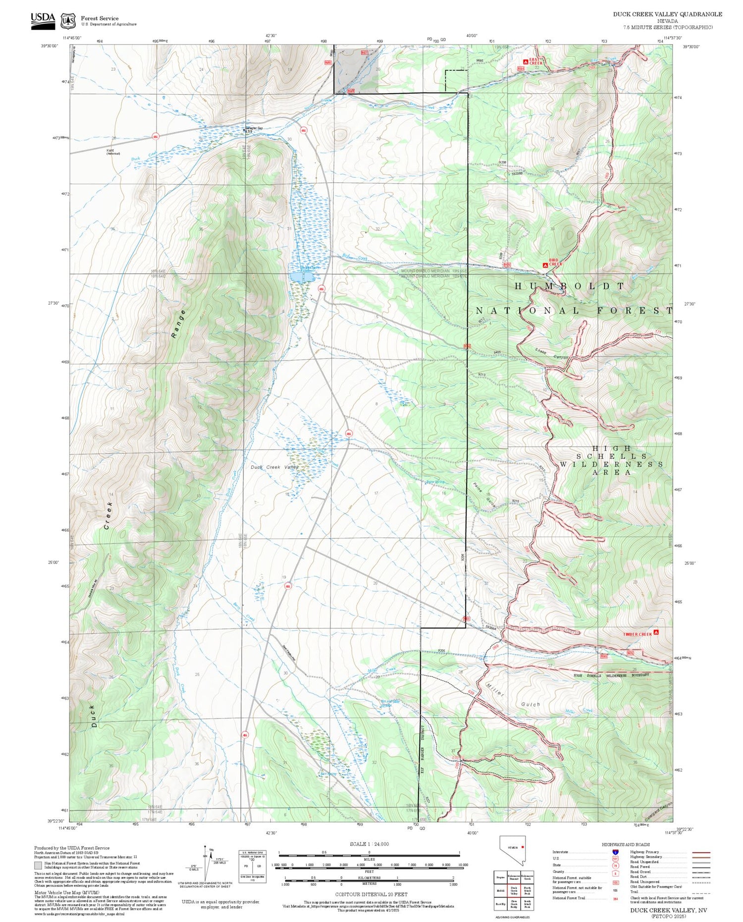 2025 Forest Service Topo Map of Duck Creek Valley Nevada