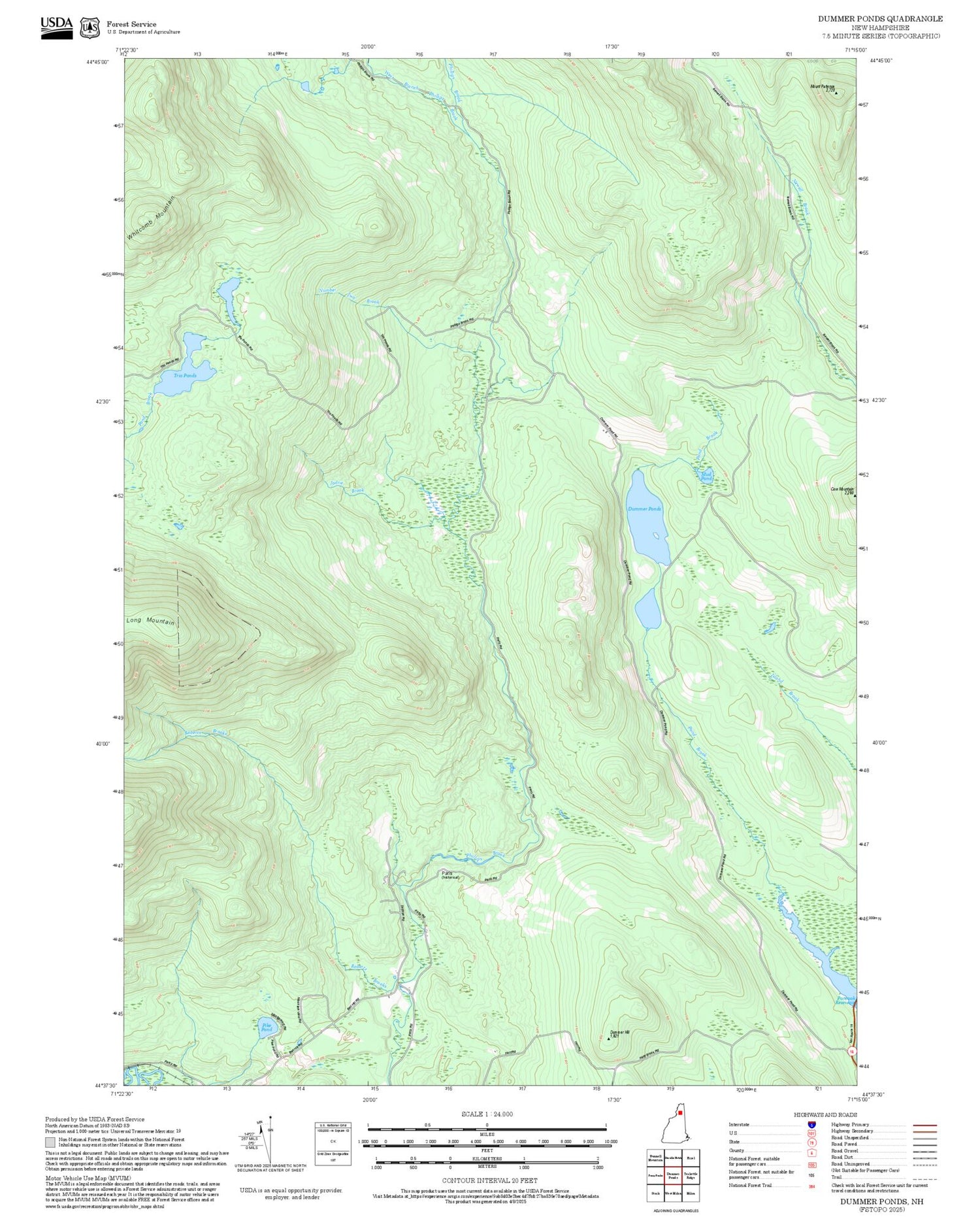 2025 Forest Service Topo Map of Dummer Ponds New Hampshire