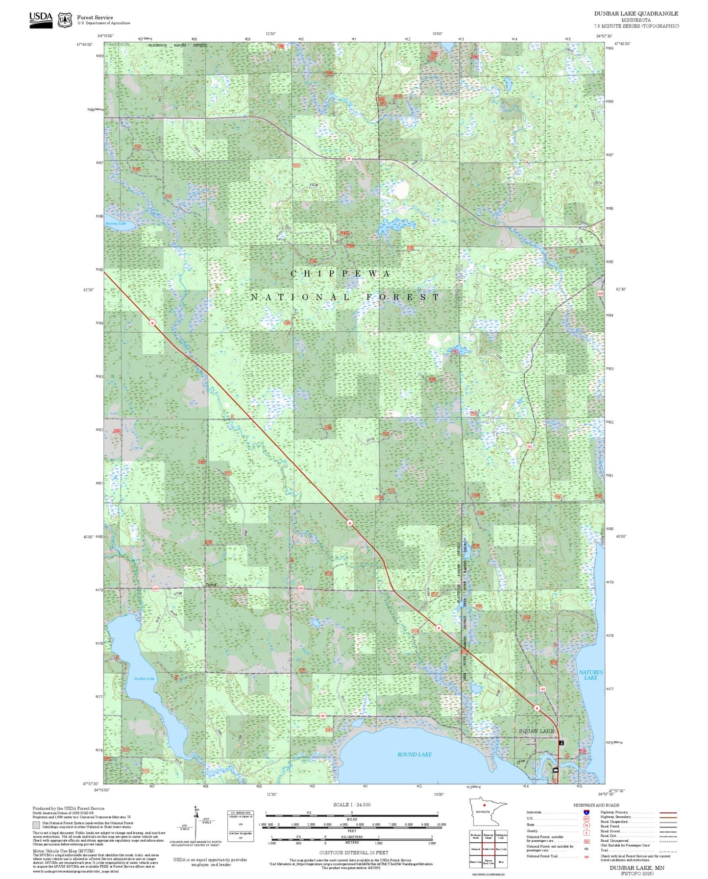 2025 Forest Service Topo Map of Dunbar Lake Minnesota