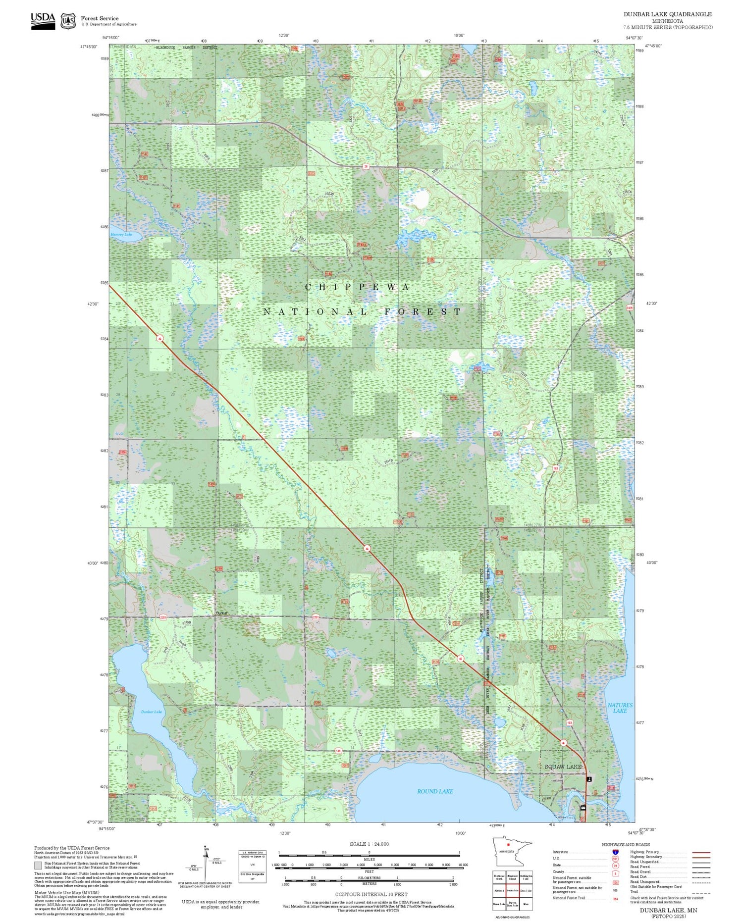 2025 Forest Service Topo Map of Dunbar Lake Minnesota