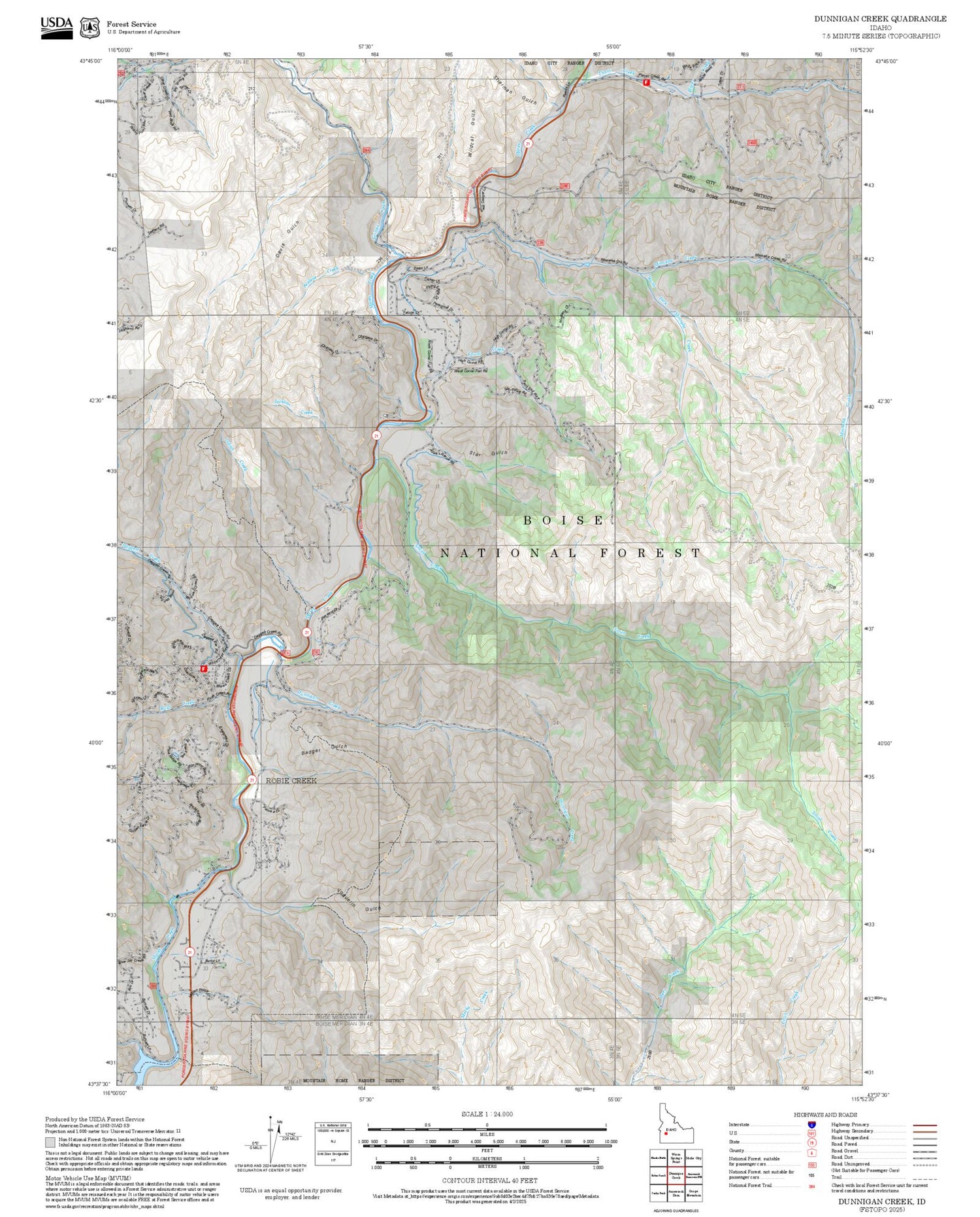 2025 Forest Service Topo Map of Dunnigan Creek Idaho