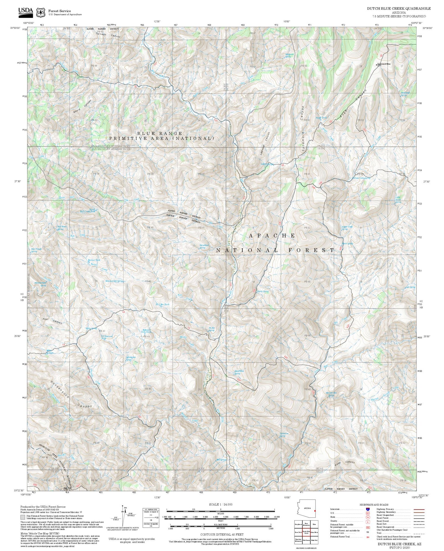 2025 Forest Service Topo Map of Dutch Blue Creek Arizona