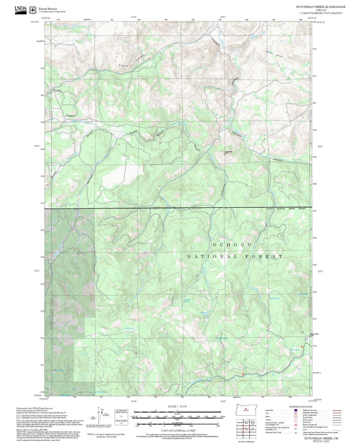 2025 Forest Service Topo Map of Dutchman Creek Oregon