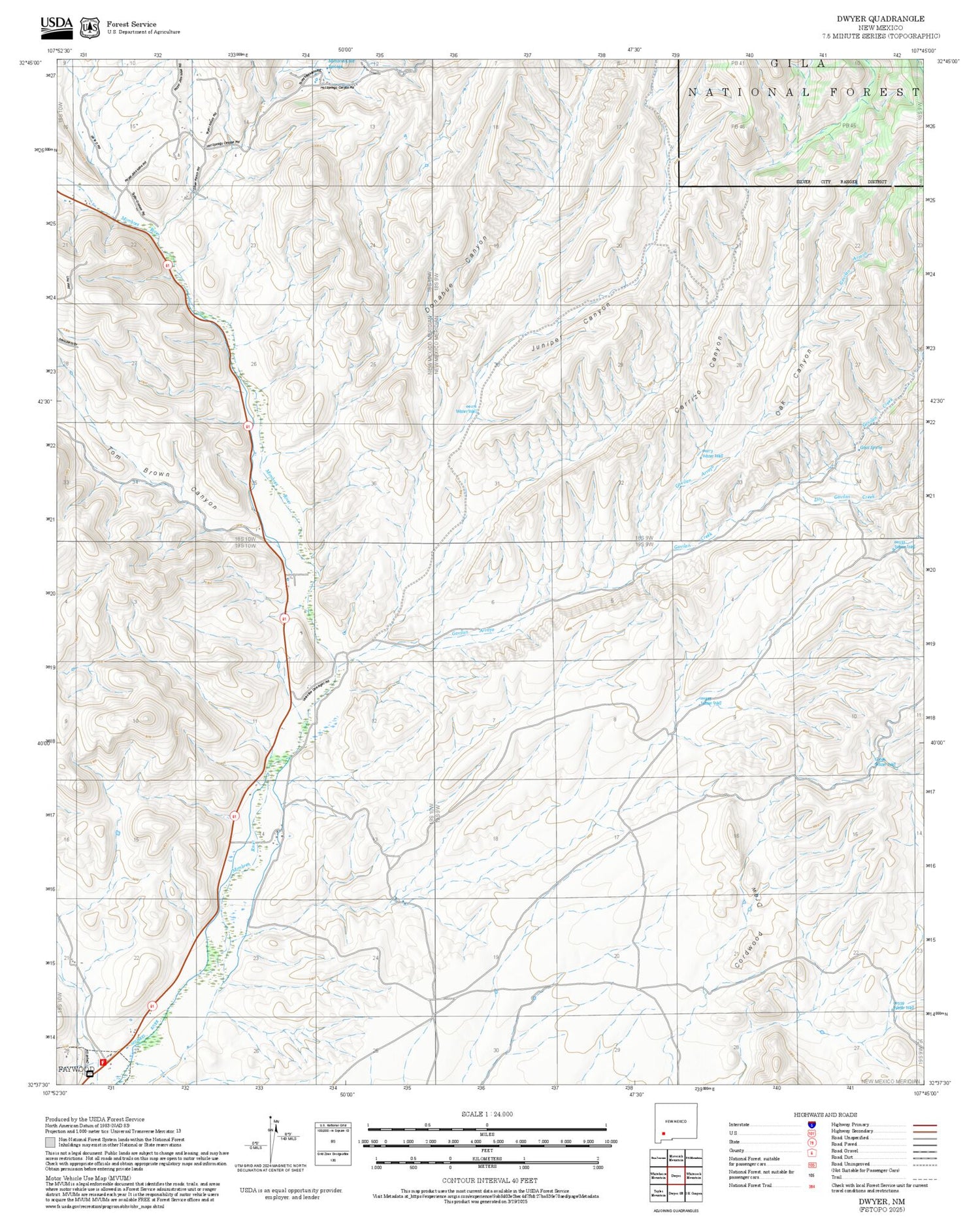 2025 Forest Service Topo Map of Dwyer New Mexico