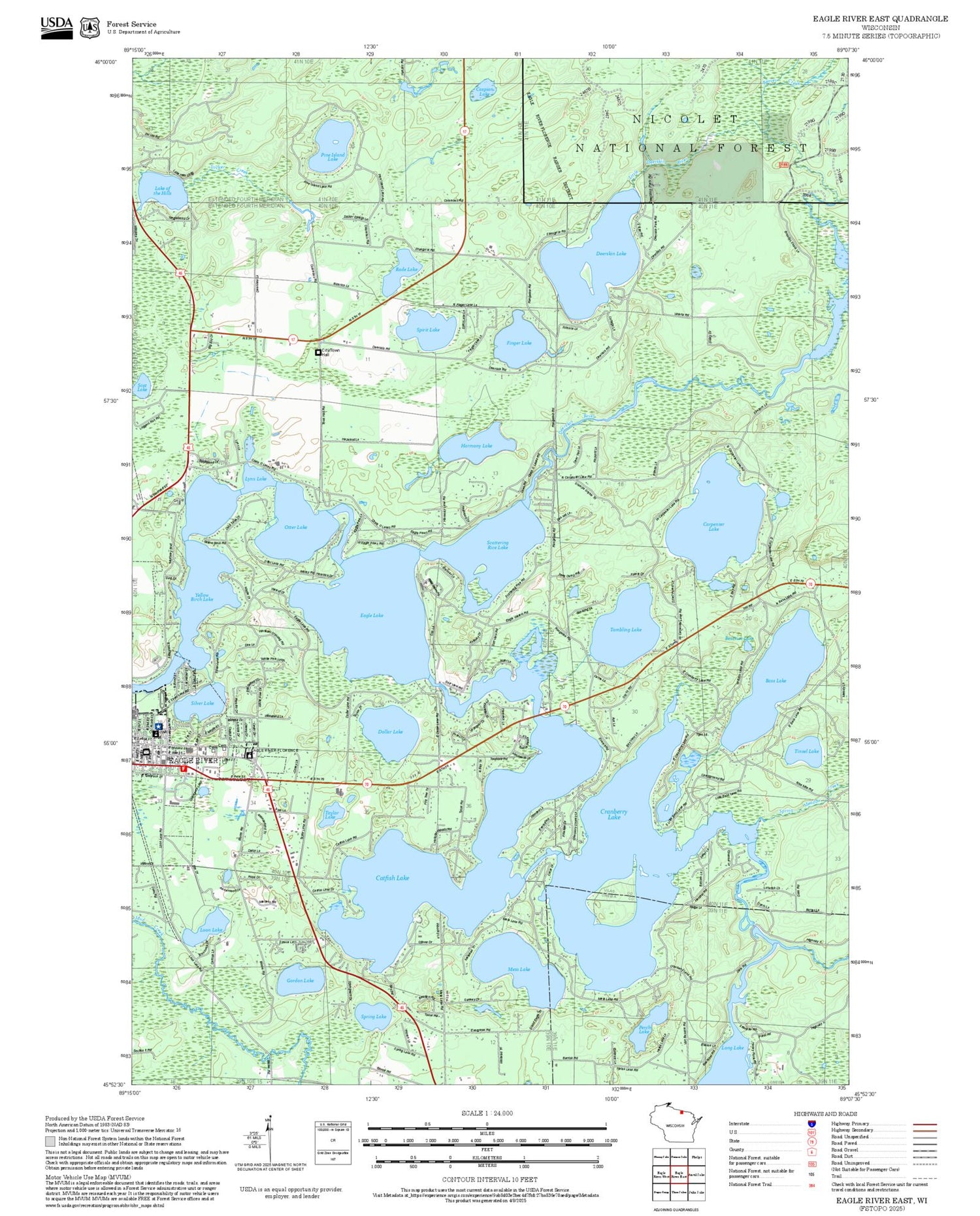 2025 Forest Service Topo Map of Eagle River East Wisconsin