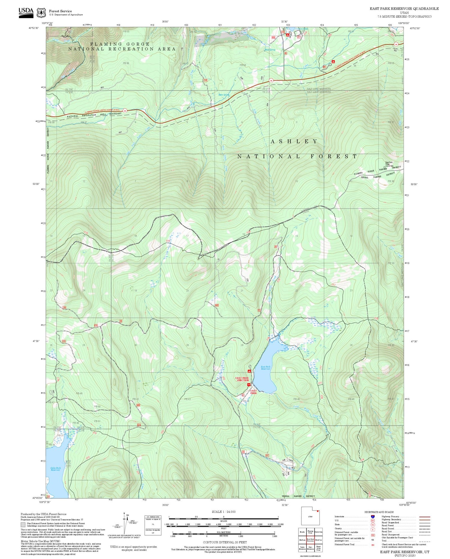 2025 Forest Service Topo Map of East Park Reservoir Utah
