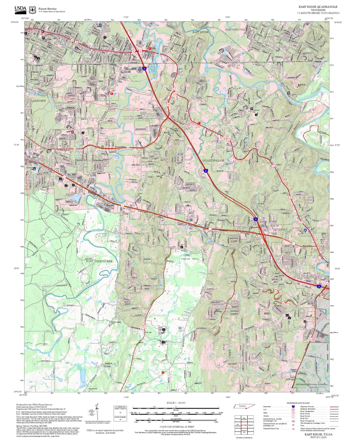 2025 Forest Service Topo Map of East Ridge Tennessee