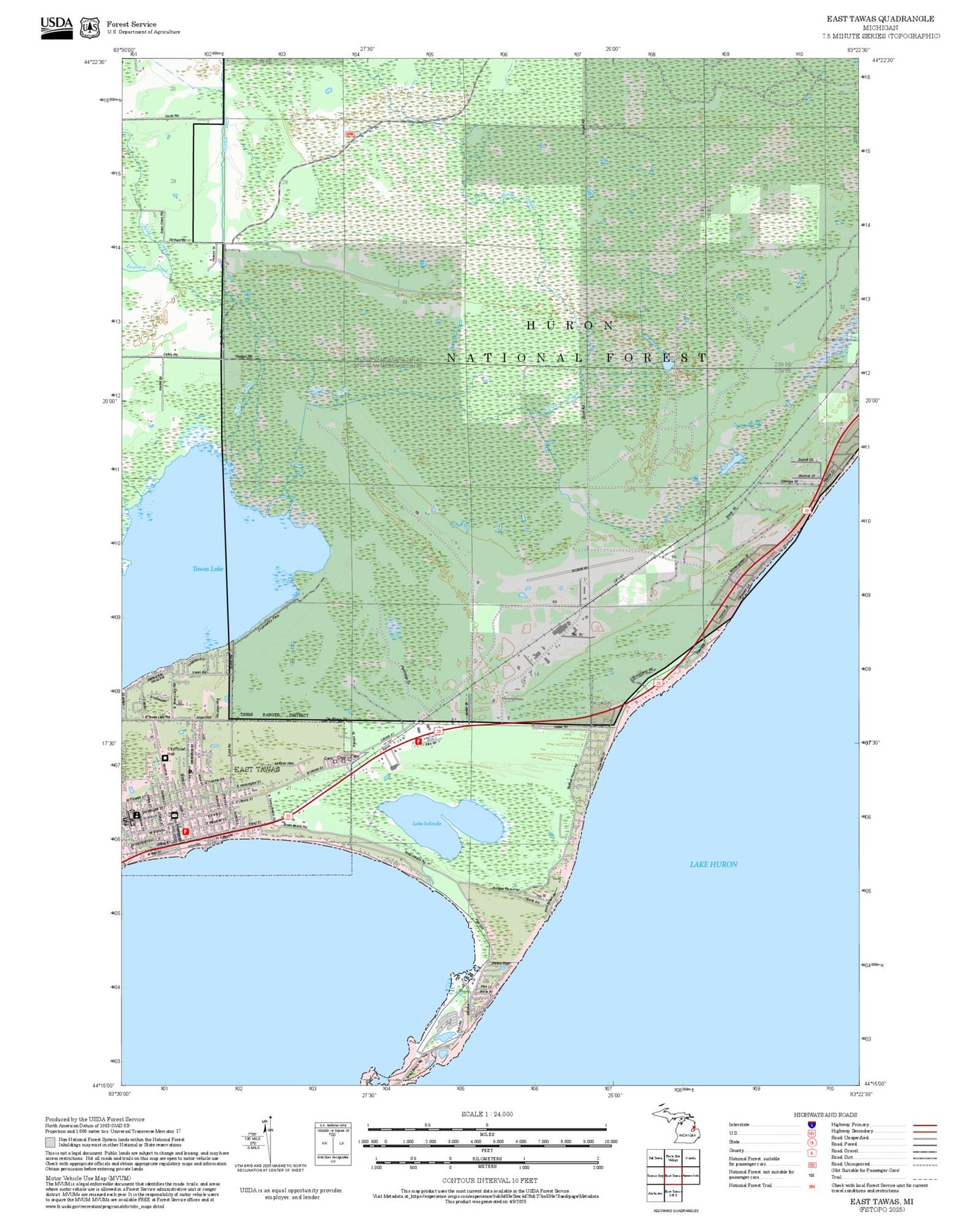 2025 Forest Service Topo Map of East Tawas Michigan