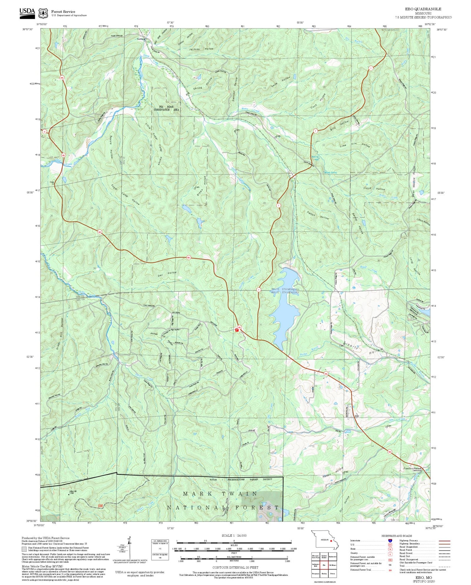 2025 Forest Service Topo Map of Ebo Missouri