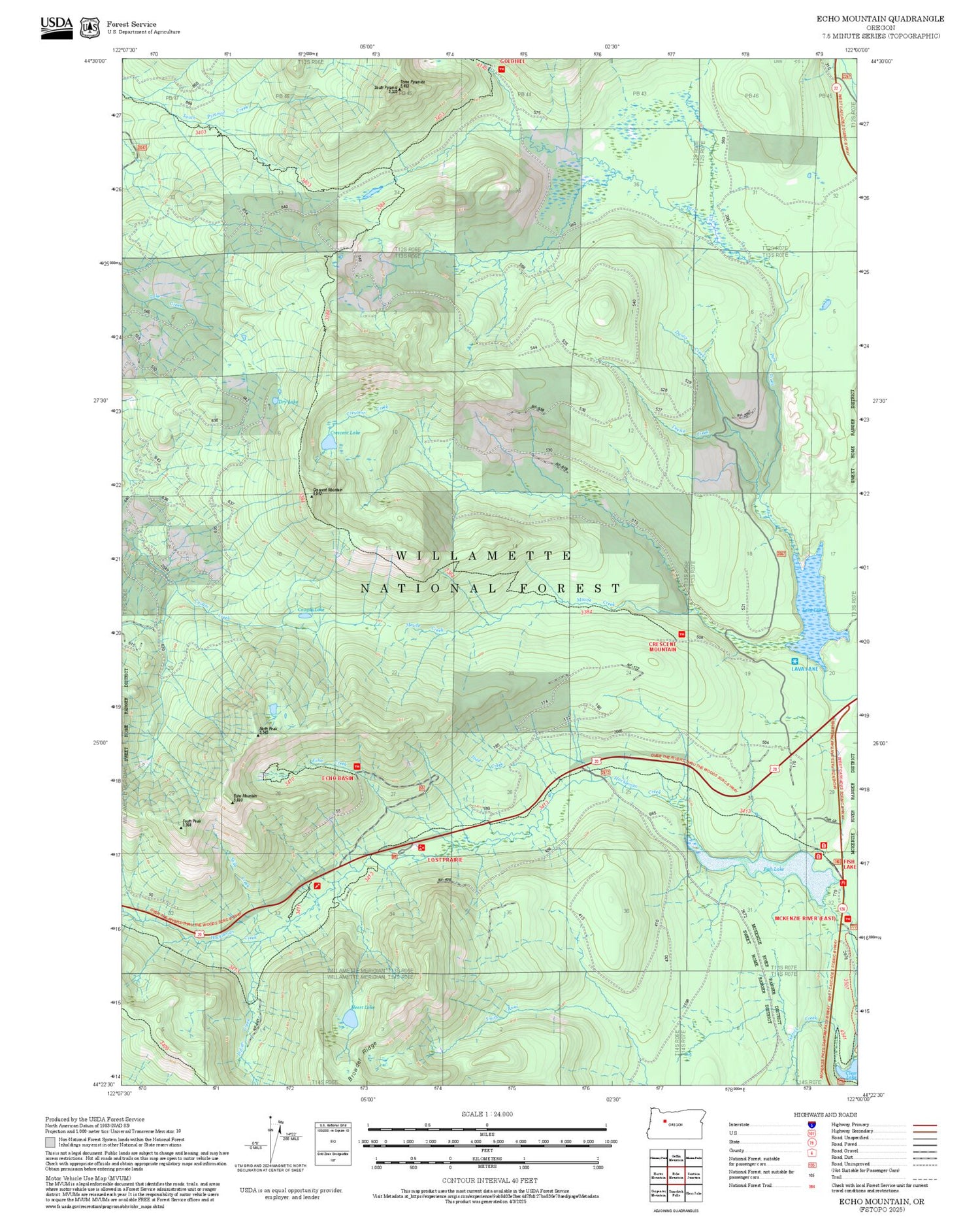 2025 Forest Service Topo Map of Echo Mountain Oregon