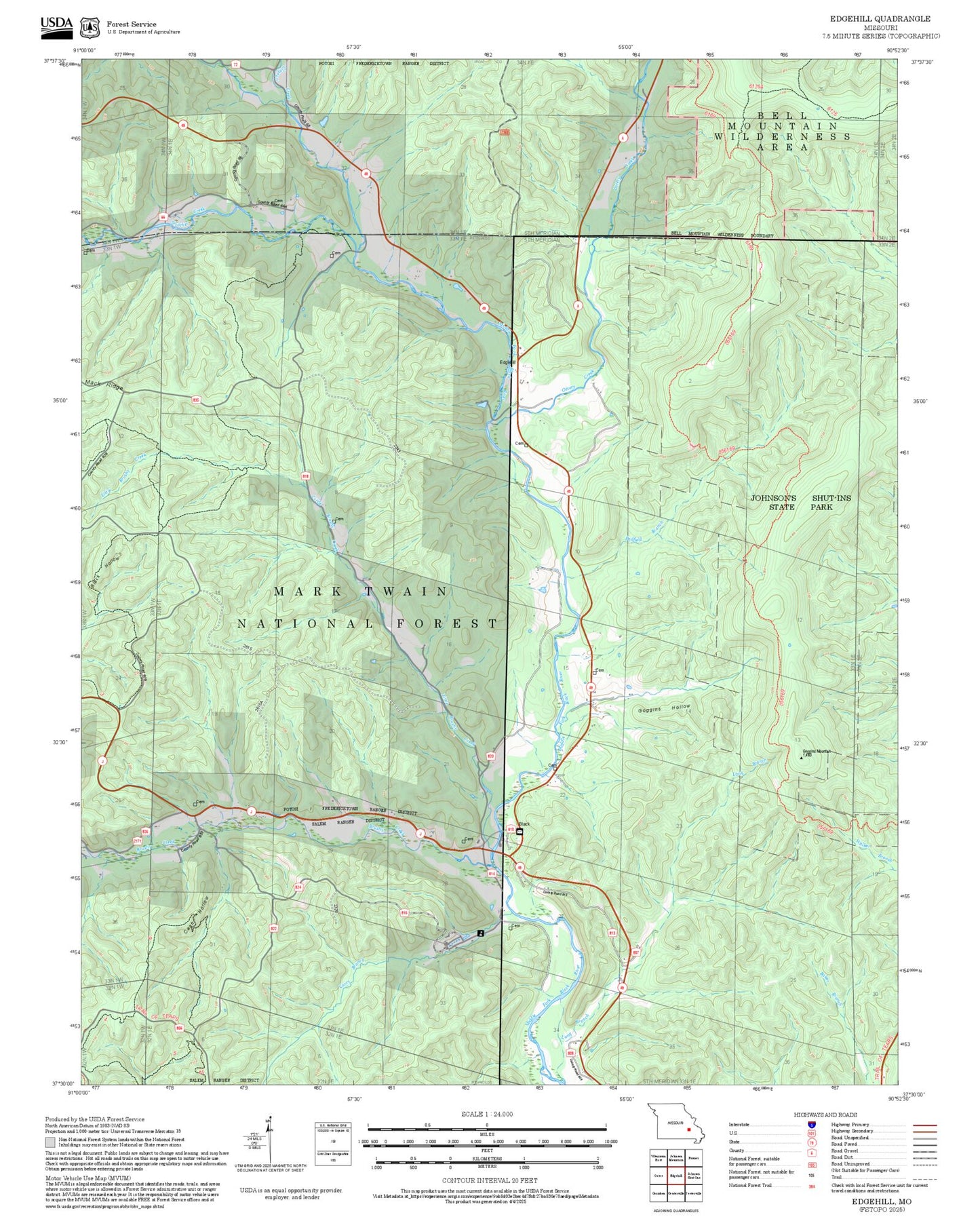 2025 Forest Service Topo Map of Edgehill Missouri