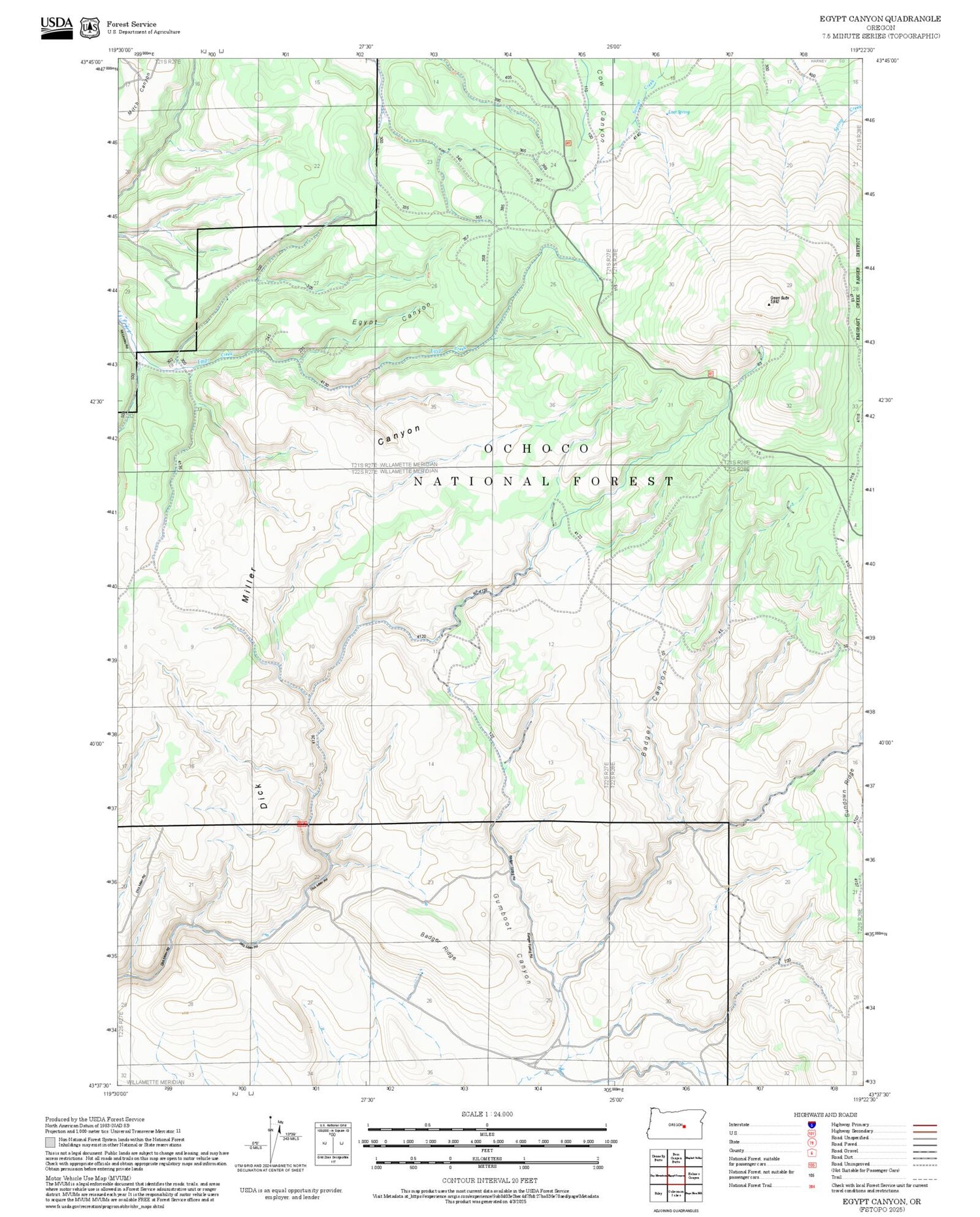 2025 Forest Service Topo Map of Egypt Canyon Oregon