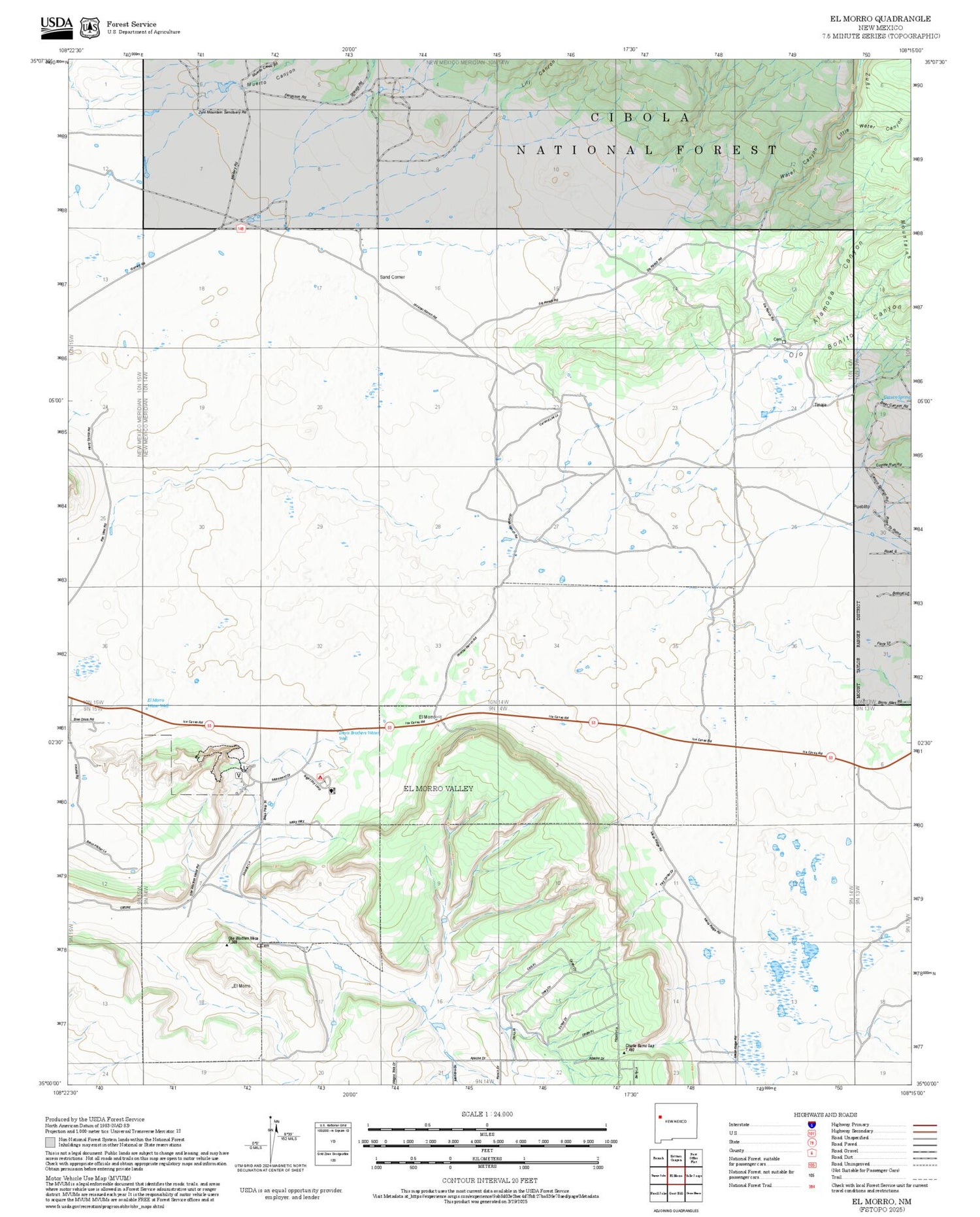 2025 Forest Service Topo Map of El Morro New Mexico