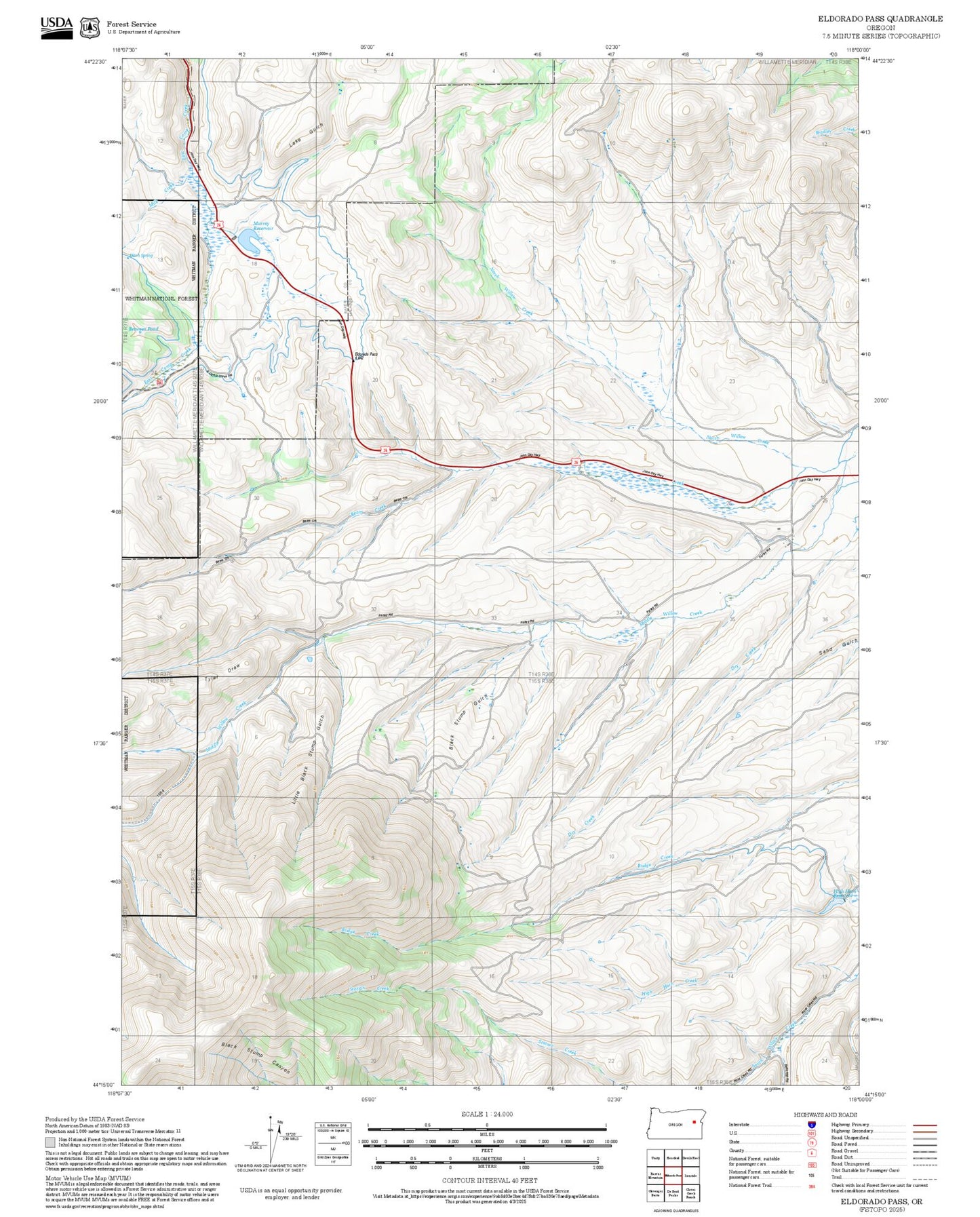 2025 Forest Service Topo Map of Eldorado Pass Oregon