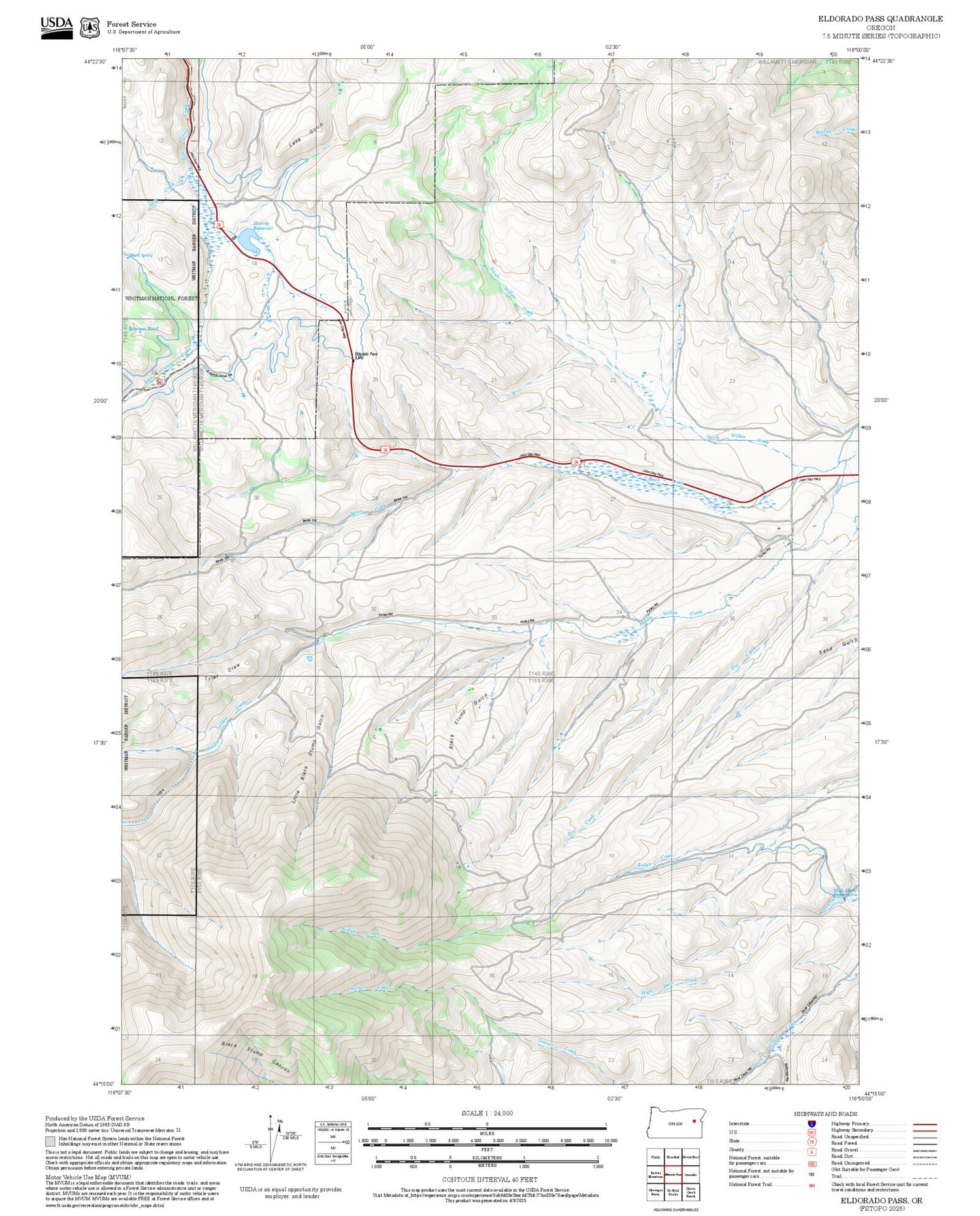 2025 Forest Service Topo Map of Eldorado Pass Oregon