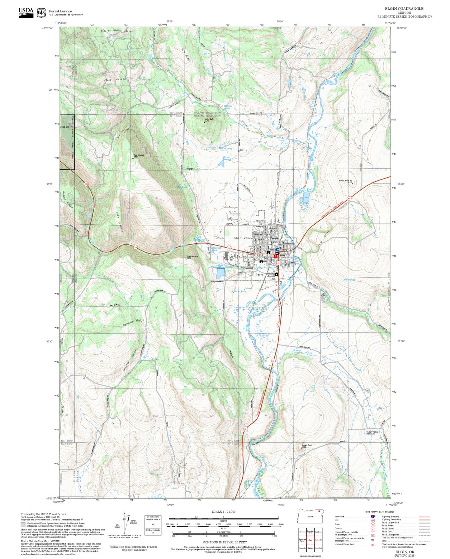 2025 Forest Service Topo Map of Elgin Oregon