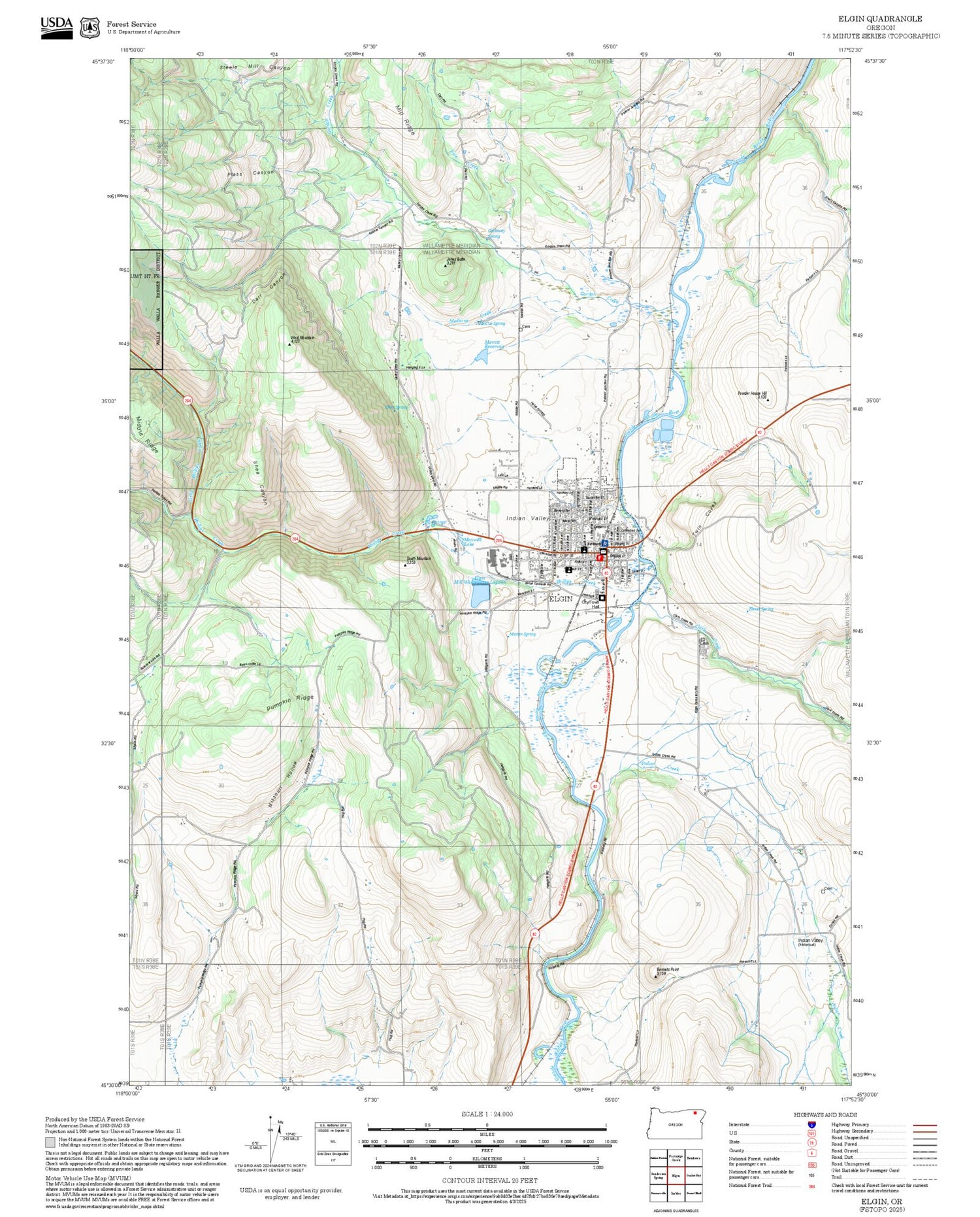 2025 Forest Service Topo Map of Elgin Oregon