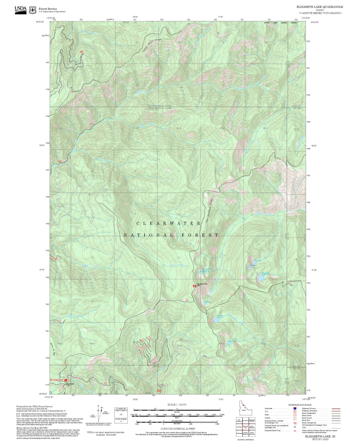 2025 Forest Service Topo Map of Elizabeth Lake Idaho