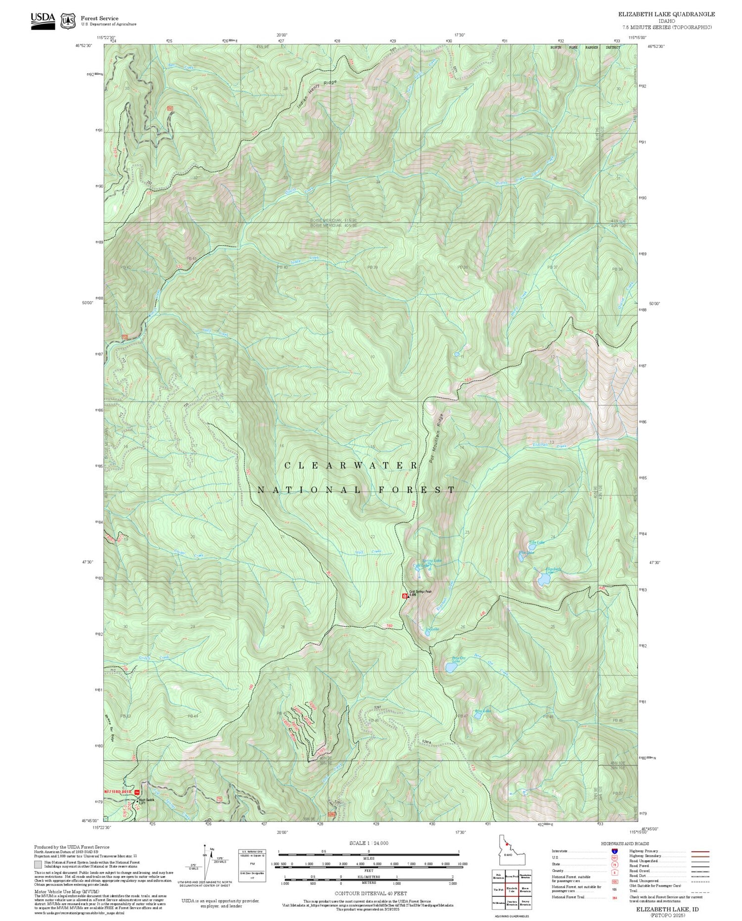 2025 Forest Service Topo Map of Elizabeth Lake Idaho