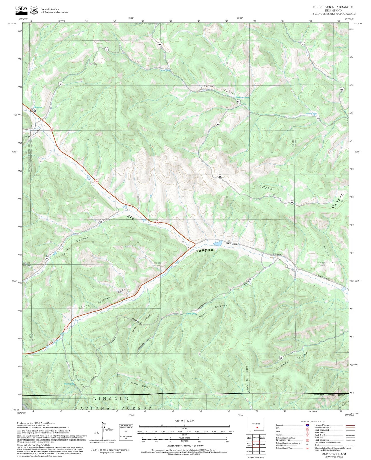 2025 Forest Service Topo Map of Elk-Silver New Mexico