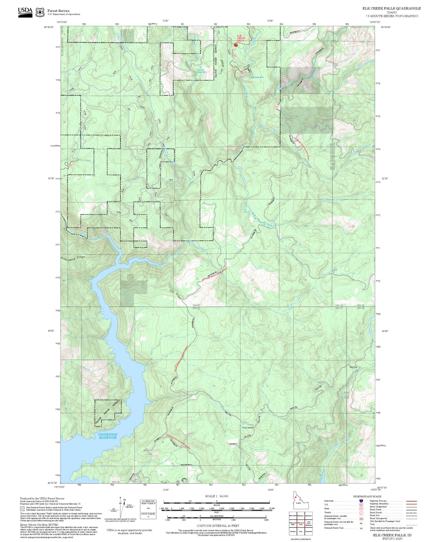 2025 Forest Service Topo Map of Elk Creek Falls Idaho